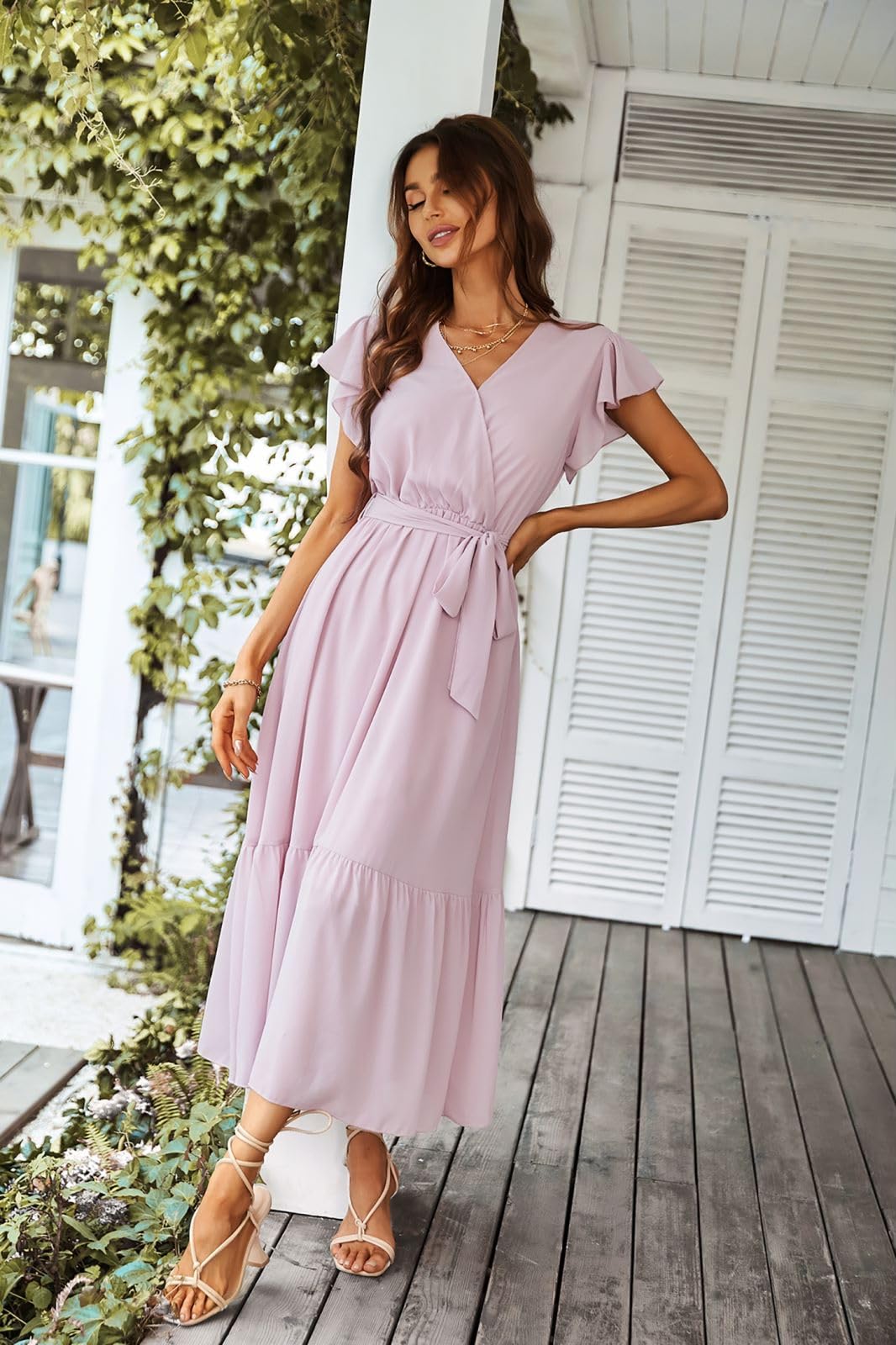 Awemeal Elegancka sukienka damska, letnia sukienka z dekoltem w serek, z krótkim rękawem, długa, letnia sukienka w stylu boho, z paskiem, falbankami, obszyciem, sukienka plażowa, linia A, płynna