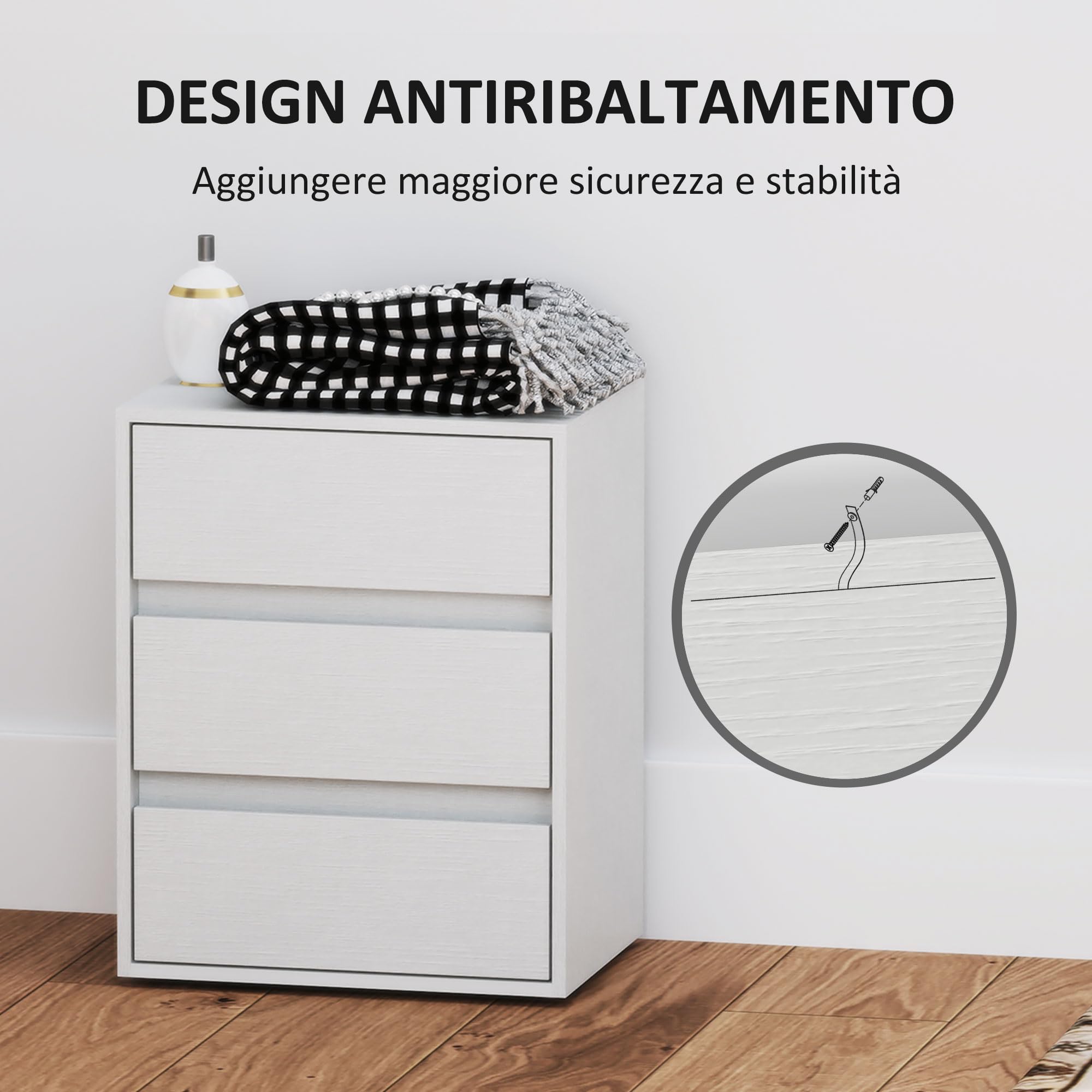 HOMCOM Cassettiera Moderna 3 Cassetti per Corridoio 40x30x50.5 cm Bianco