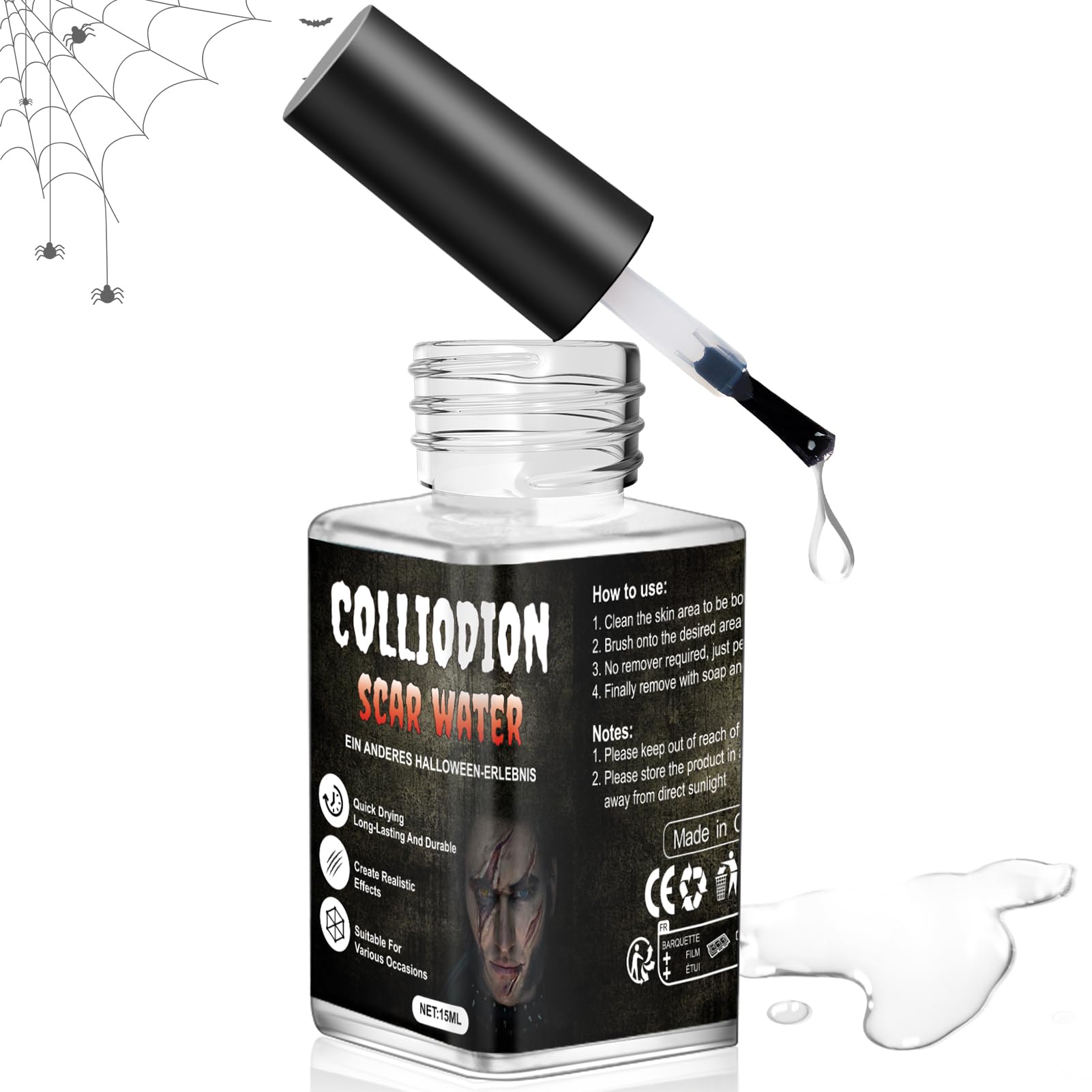Miioto Collodio Cicatrici, Liquido per Cicatrici Finte, Rrigid Collodion Mastice Make Up per Il trucco di Halloween, Giochi di Ruolo, Creazione di Ferite Horror, Lunga Durata, Asciugatura Rapida