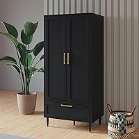 ALBSL 60" Black Bedroom Armoire Wardrobe Closet with Hanging Rod, Drawers & Shoe Space - Modern 2-Door Storage Cabinet