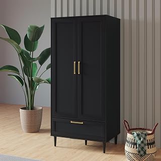 ALBSL 60" Black Bedroom Armoire Wardrobe Closet with Hanging Rod, Drawers & Shoe Space - Modern 2-Door Storage Cabinet
