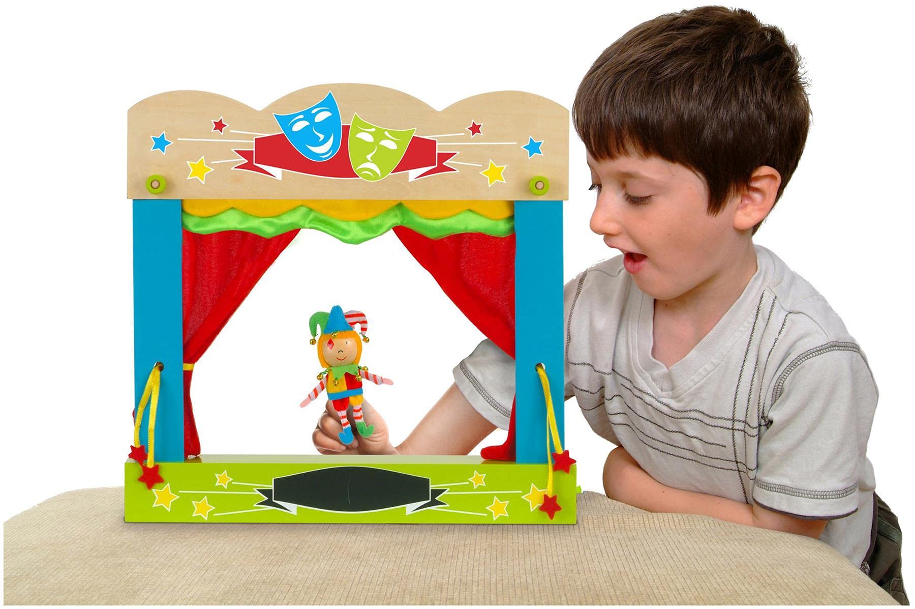 Fiesta Crafts Finger Puppets Theatre - Colourful Wooden Carry Case for Hand Puppets with Fabric Curtains & Drawstrings to Pull - Easy to Fold Portable Kids Pop Up Theatre for Imaginative Play