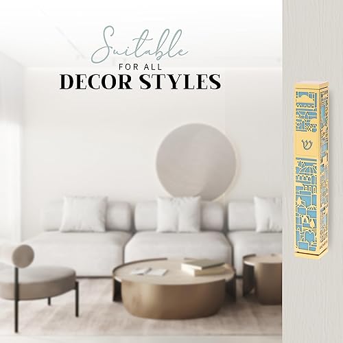 Miniatura 4 de SURI Mezuzá contemporánea para puerta, funda de mezuzá dorada y turquesa de 5 pulgadas con diseño de Jerusalén, incluye adhesivo de mezuzá para una