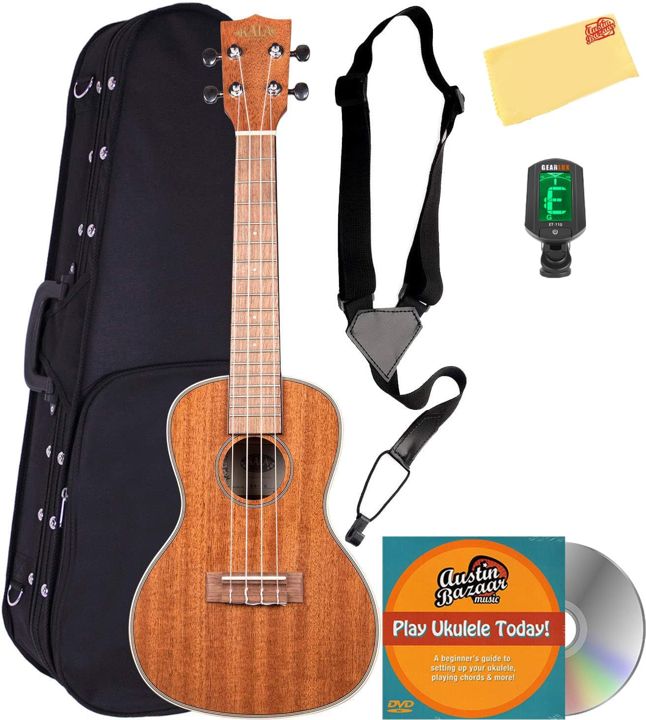 Kala KA-CG Glossed Mahogany Concert Ukulele Bundle with Hard Case, Tuner, Strap, Austin Bazaar Instructional DVD, and Polishing Cloth