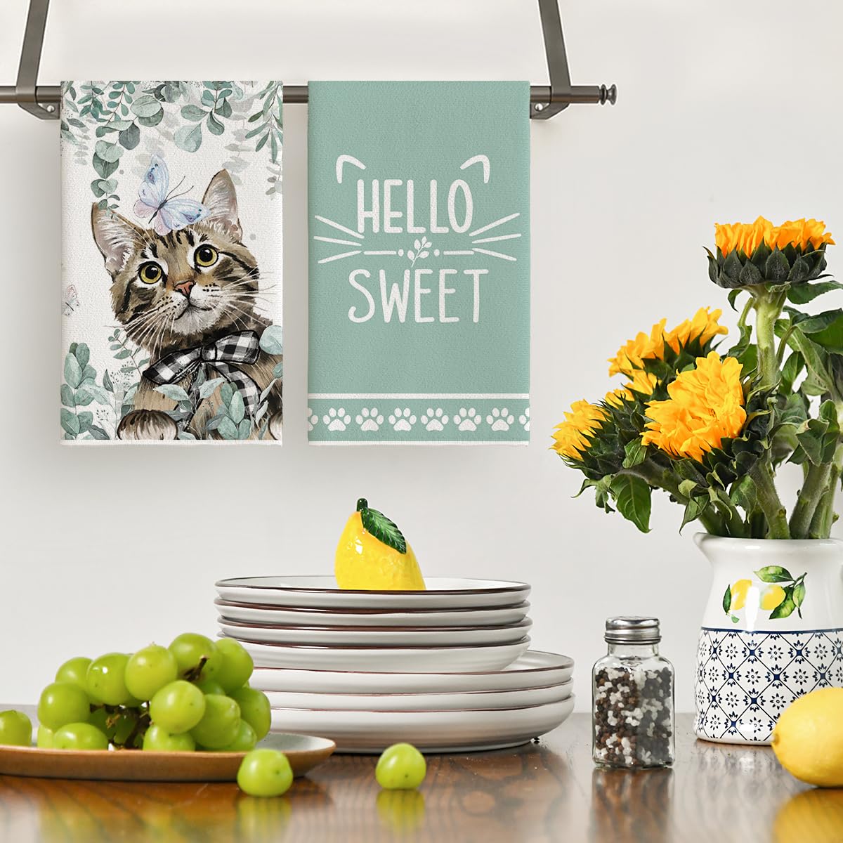 Artoid Mode Eucalyptus Leaves Cat Hello Sweet Kitchen Towels Dish Towels, 18x26 Inch Buffalo Plaid Bow Tie Holiday Decoration Hand Towels Set of 2