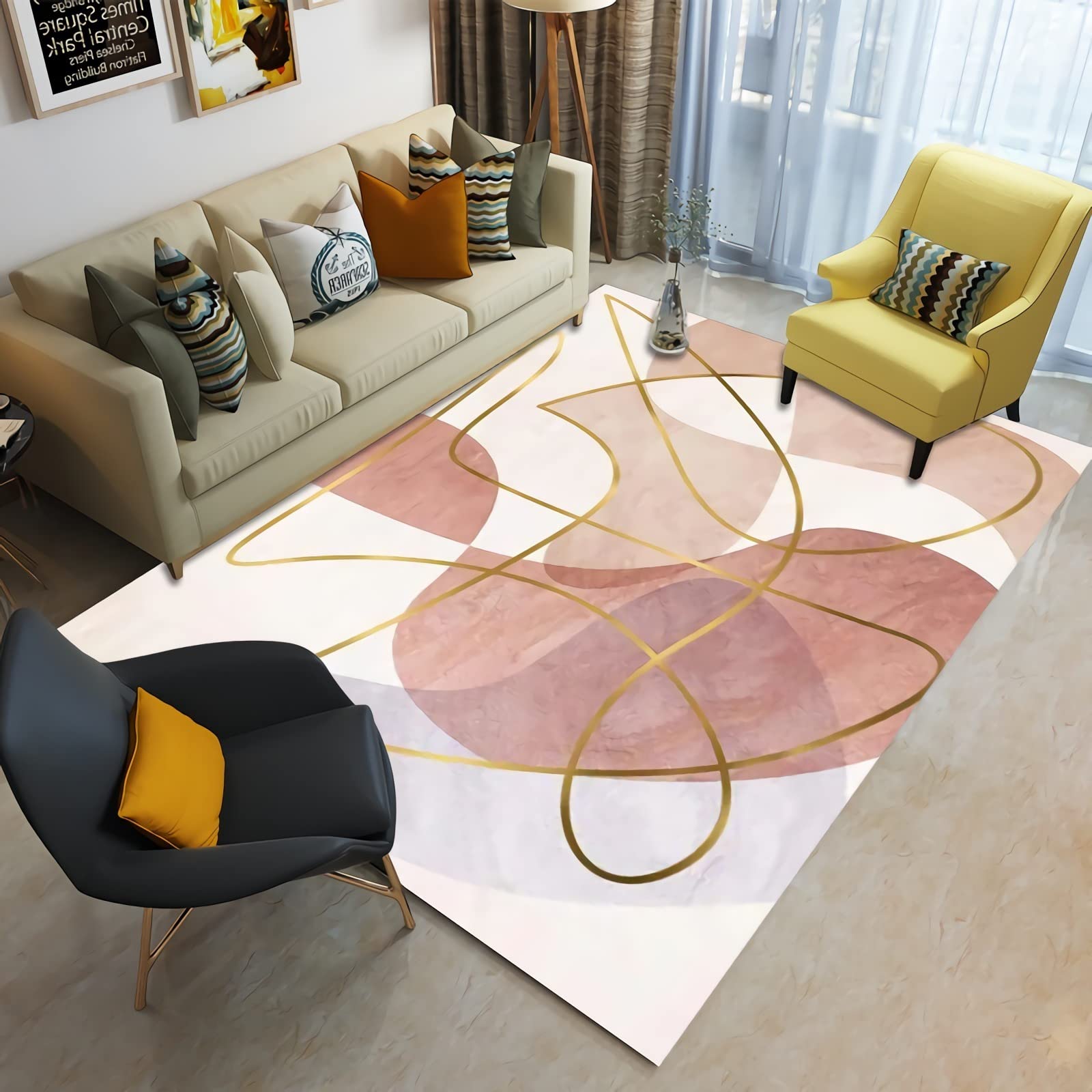 Teppich spielteppich,Langlebiger Teppich Pink Yellow Line Design deko Flur,Kinder Zimmer Decor 80x160cm