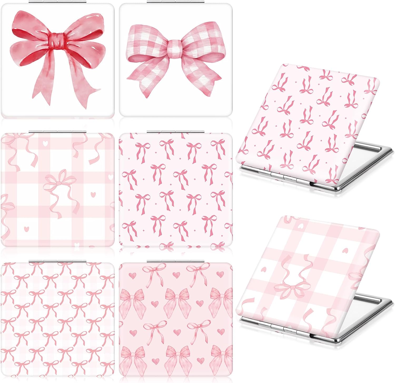 geelin 6 pcs coquette pink bow compact mirror bulk for purse small pocket 1x/2x magnifying portable makeup double sided travel mirror aesthetic preppy gift for women girl bridal shower party (square)