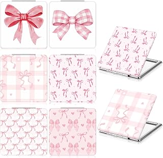 Geelin 6 Pcs Coquette Pink Bow Compact Mirror Bulk for Purse Small Pocket 1X/2X Magnifying Portable Makeup Double Sided Travel Mirror Aesthetic Preppy Gift for Women Girl Bridal Shower Party (Square)