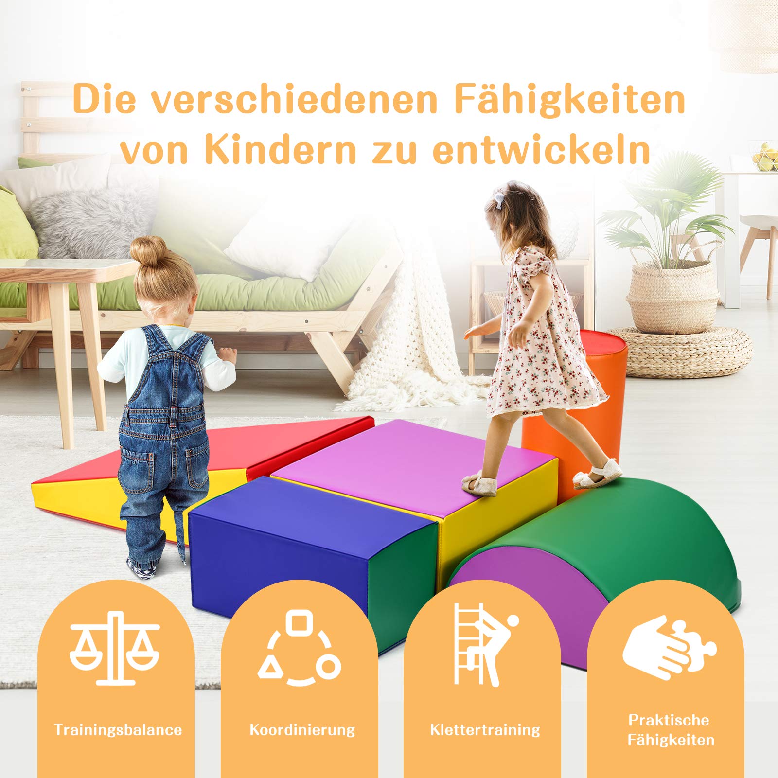 DREAMADE 5 TLG. Softbausteine für Kinder, Großbausteine Riesenbausteine zum Toben und Klettern, Schaumstoffbausteine für Kindergarten Kinderzimmer, Bauklötze aus PE und EPE, Bunt