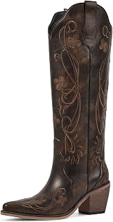 wetkiss Women's Knee High Cowboy Boots - Floral Embroidered Western Cowgirl Boots, Pointed Toe Chunky Heel Pull-On Vintage Tall Boots