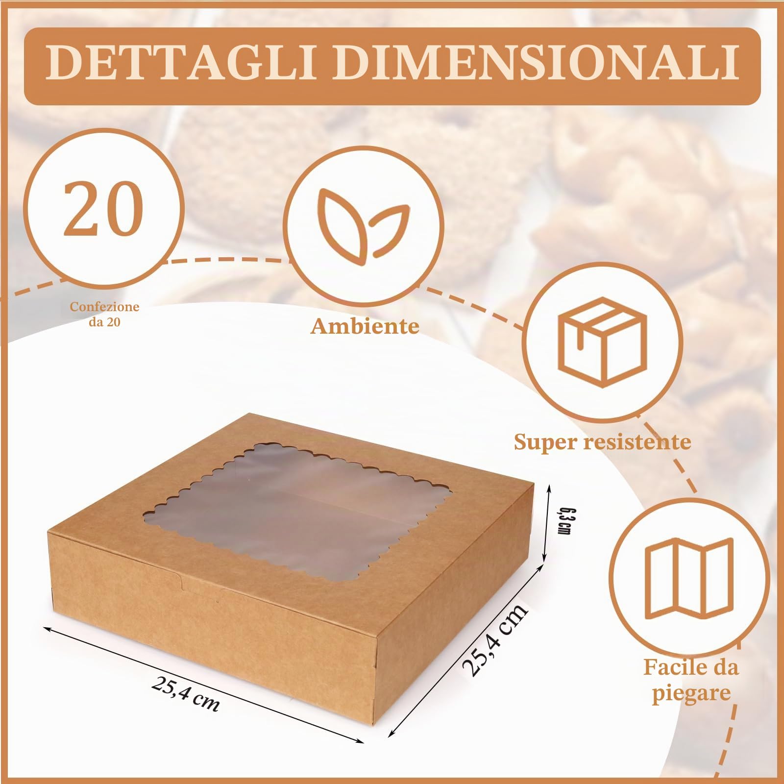 20 Pezzi Scatole per Dolci 25,4 x 25,4 x 6,4 cm Scatola per Torte in Cartone Kraft con Finestra Trasparente per Feste di Natale Biscotti Pasticcini Cupcake Confezioni