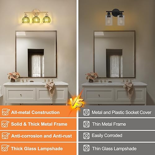 Miniatura 3 de Lámpara de baño, lámpara de pared de latón de 3 luces sobre espejo con pantalla de cristal de tulipán verde para dormitorio, sala de estar (bombilla