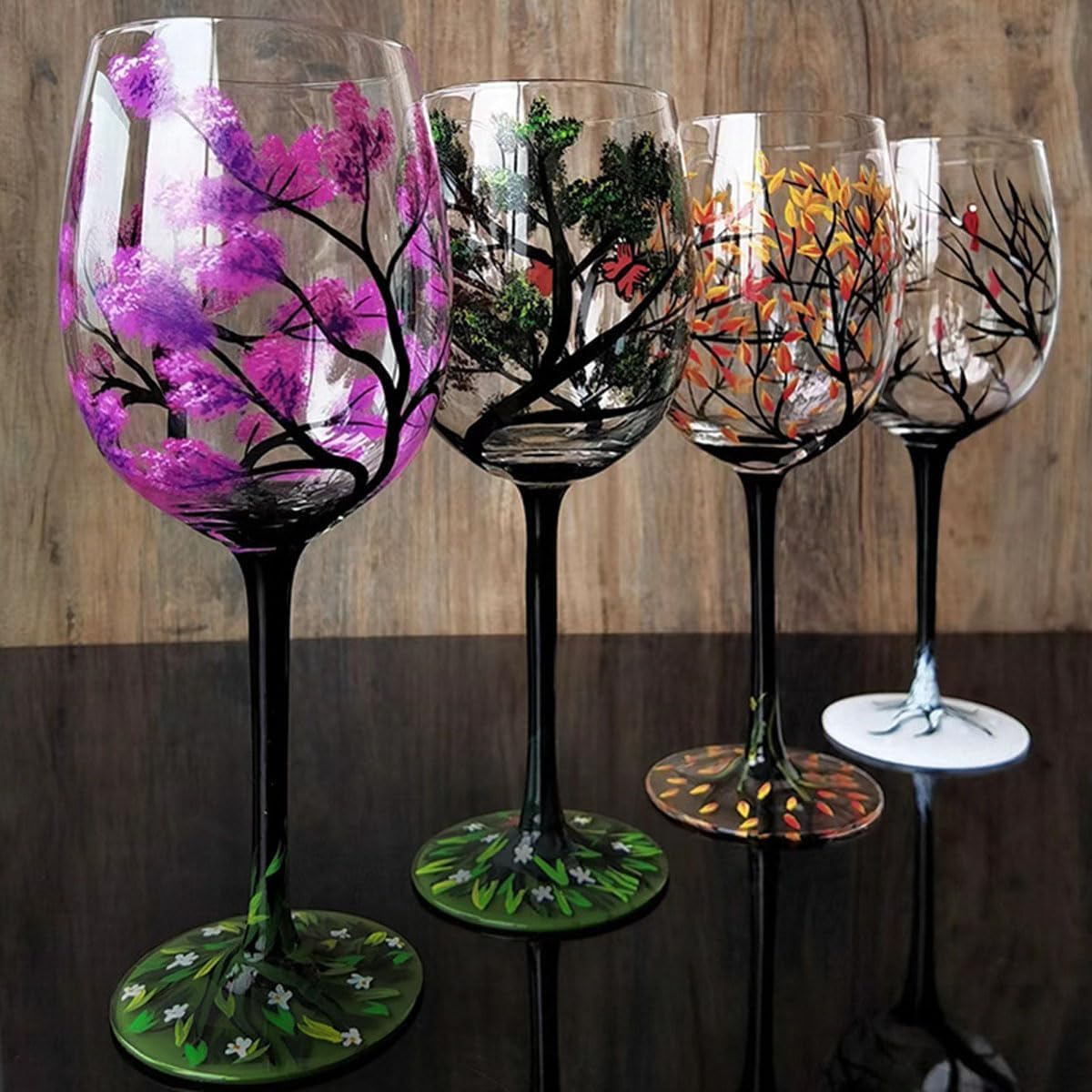 Amazon | Four Seasons Tree ワイングラス、手描きアートガラス製品の 
