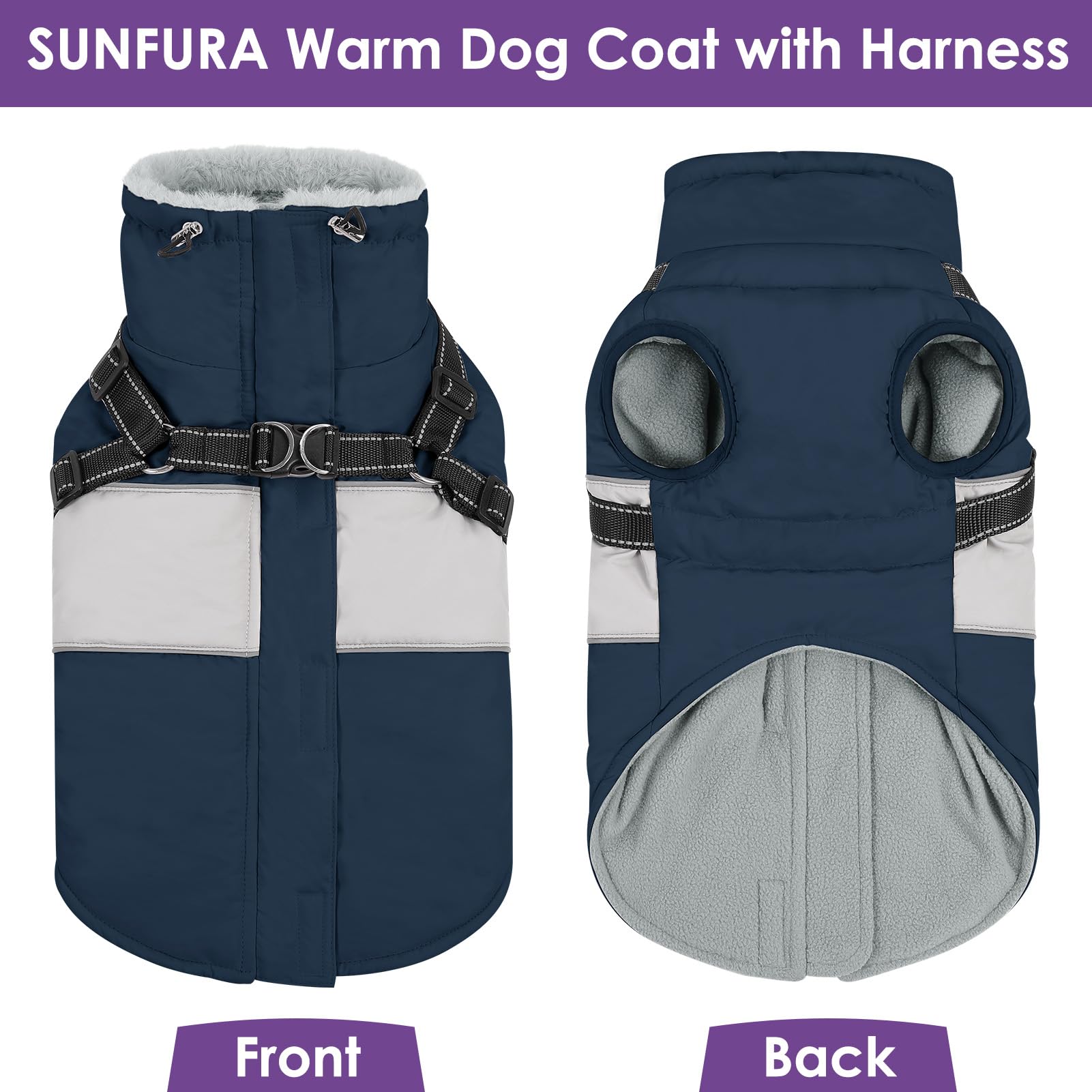 SUNFURA Chaqueta para perro, abrigo para perro grande con arnés integrado, chaqueta cálida de invierno para perro, abrigo de nieve con cremallera para perro con cuello peludo, chaquetas de forro polar