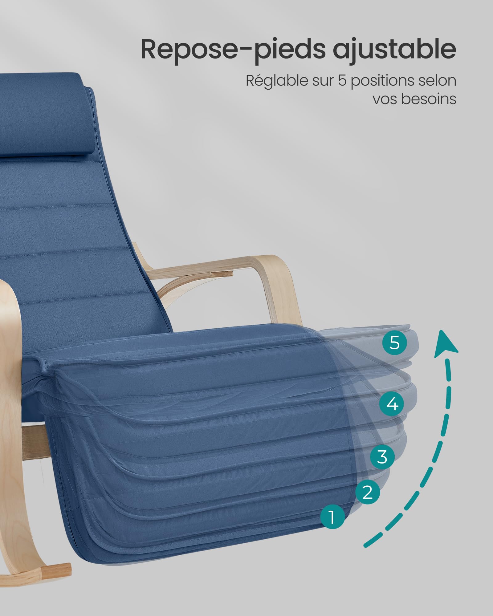 SONGMICS Fauteuil à Bascule en Bois de Bouleau, Chaise Berçante avec Repose-Pied Réglable sur 5 Hauteurs, Housse en Coton, Capacité de Charge 150 kg, Bleu Minuit LYY041Q01, 67 x 116 x 88 cm
