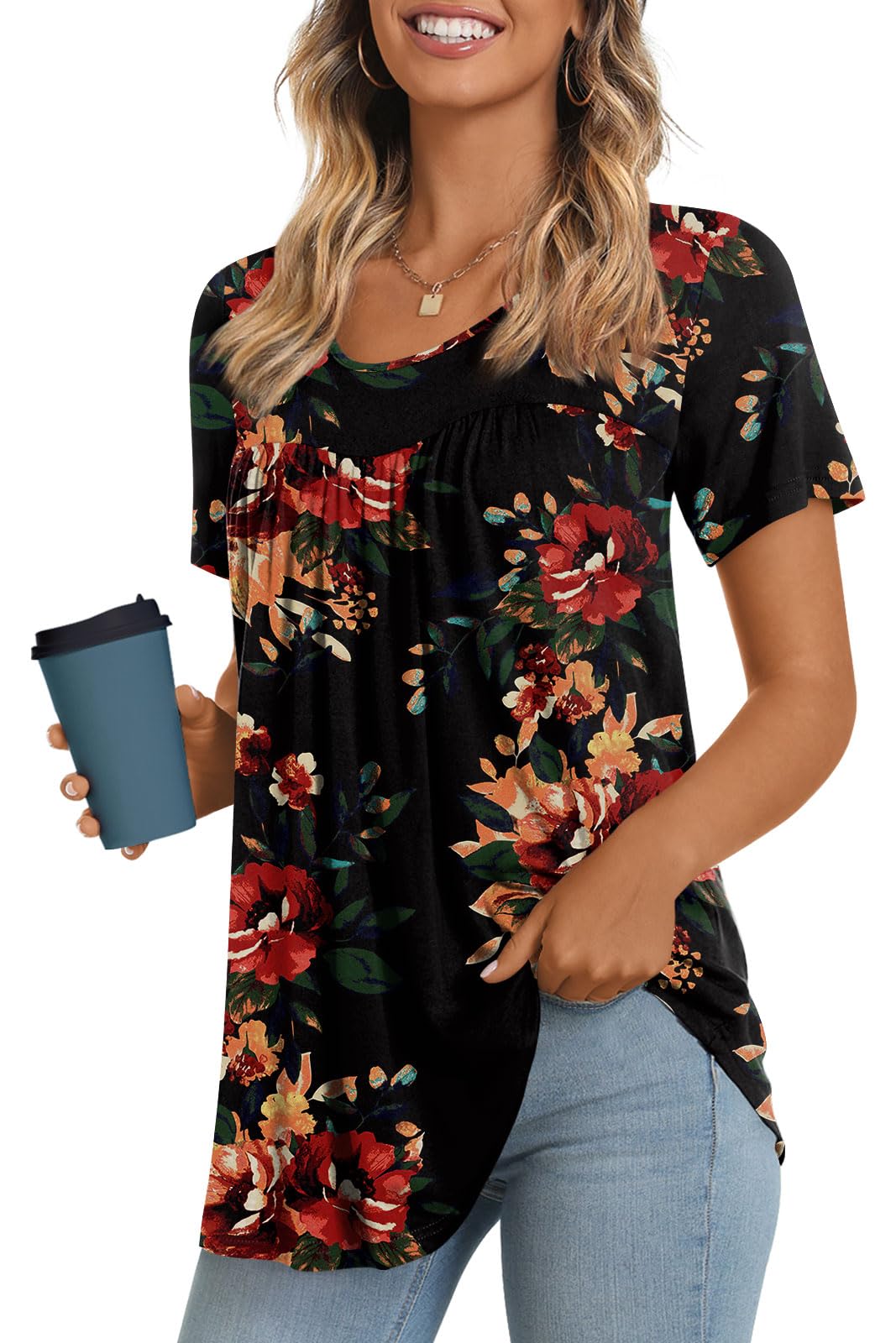 LONGYUAN Womens Tunic Tops 2025 Short Sleeve Shirts Summer Casual Tee Comfy Blouses S-4XL