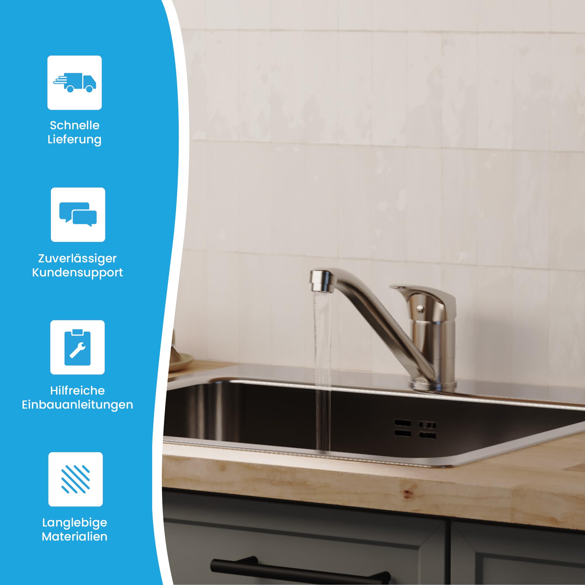 Bächlein Küchenarmatur Arado – 360 Grad schwenkbar (Chrom) – Einhand-Spültischbatterie Chrom mit 360° schwenkbarem Auslauf, Wasserhahn für die Küche in extra massiver Ausführung…