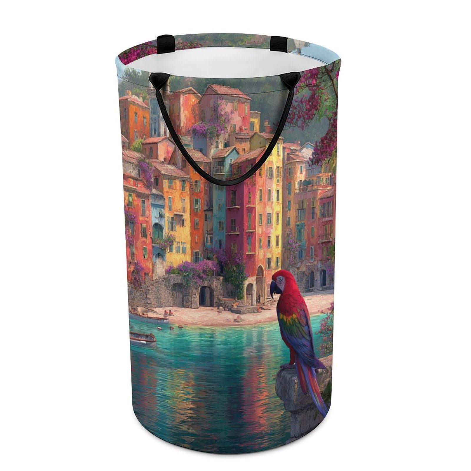 LUYYSKY Fantasy Oil Painting Parrot Versatile Storage Laundry Basket, Beautiful Rustic Italian Coastal Beach Boat Flowers Animal Red Bird Large Capacity Bathroom Hamper With Handle