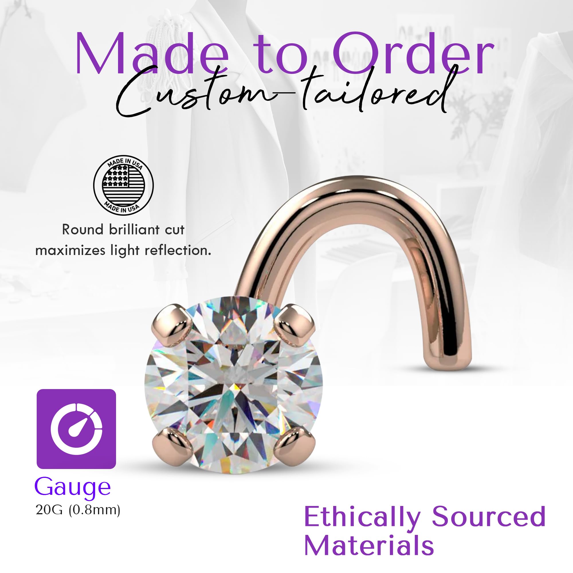 FreshTrends Diamond Nose Ring – 20G 2.5mm (0.06 ct. tw) Genuine Nose Stud – 14K Real Gold Nose Ring Twist Screw – Made in USA Nose Rings for Women