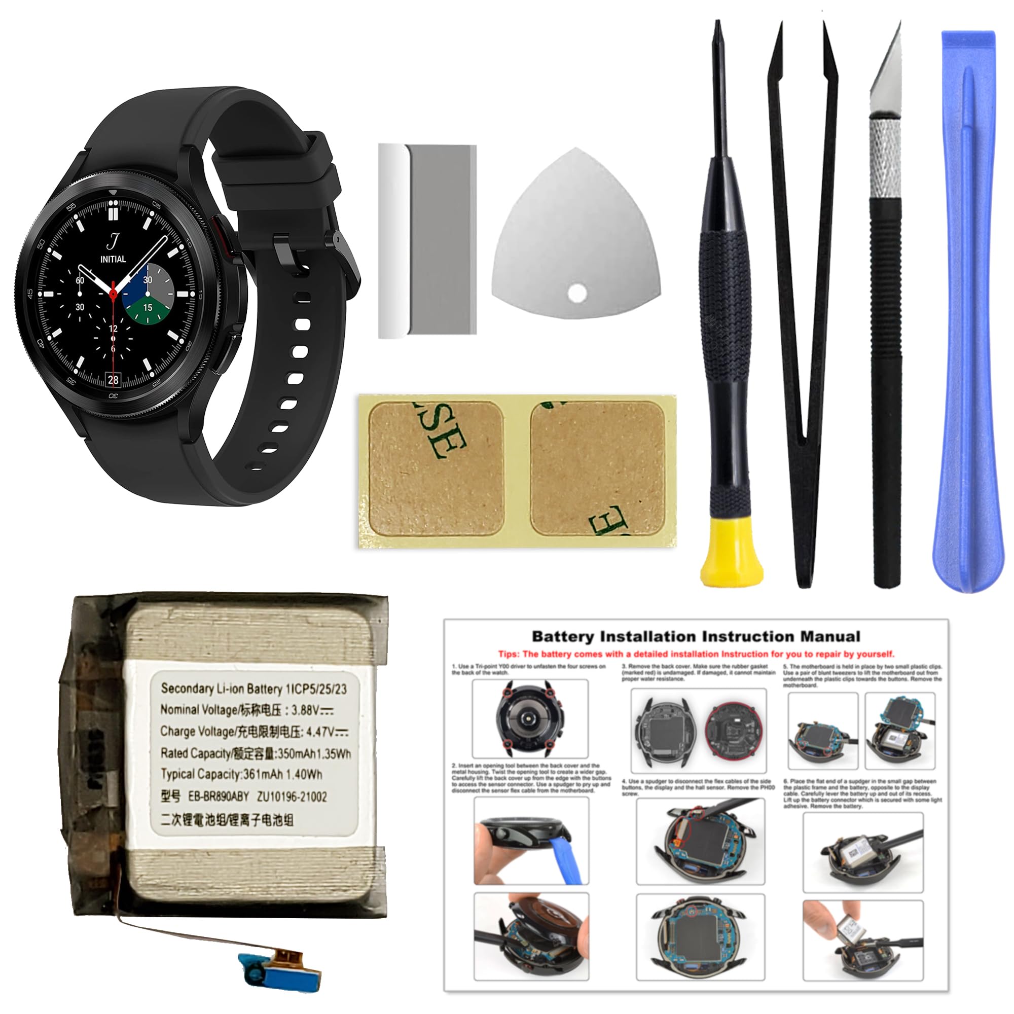 GREEN FUSION for Galaxy Watch 4 (44mm) & Watch 4 Classic (46mm) Battery Replacement, EB-BR890ABY Battery for SM-R870/875 SM-R890/895 Series with Repair Toolkit, Instruction Manual
