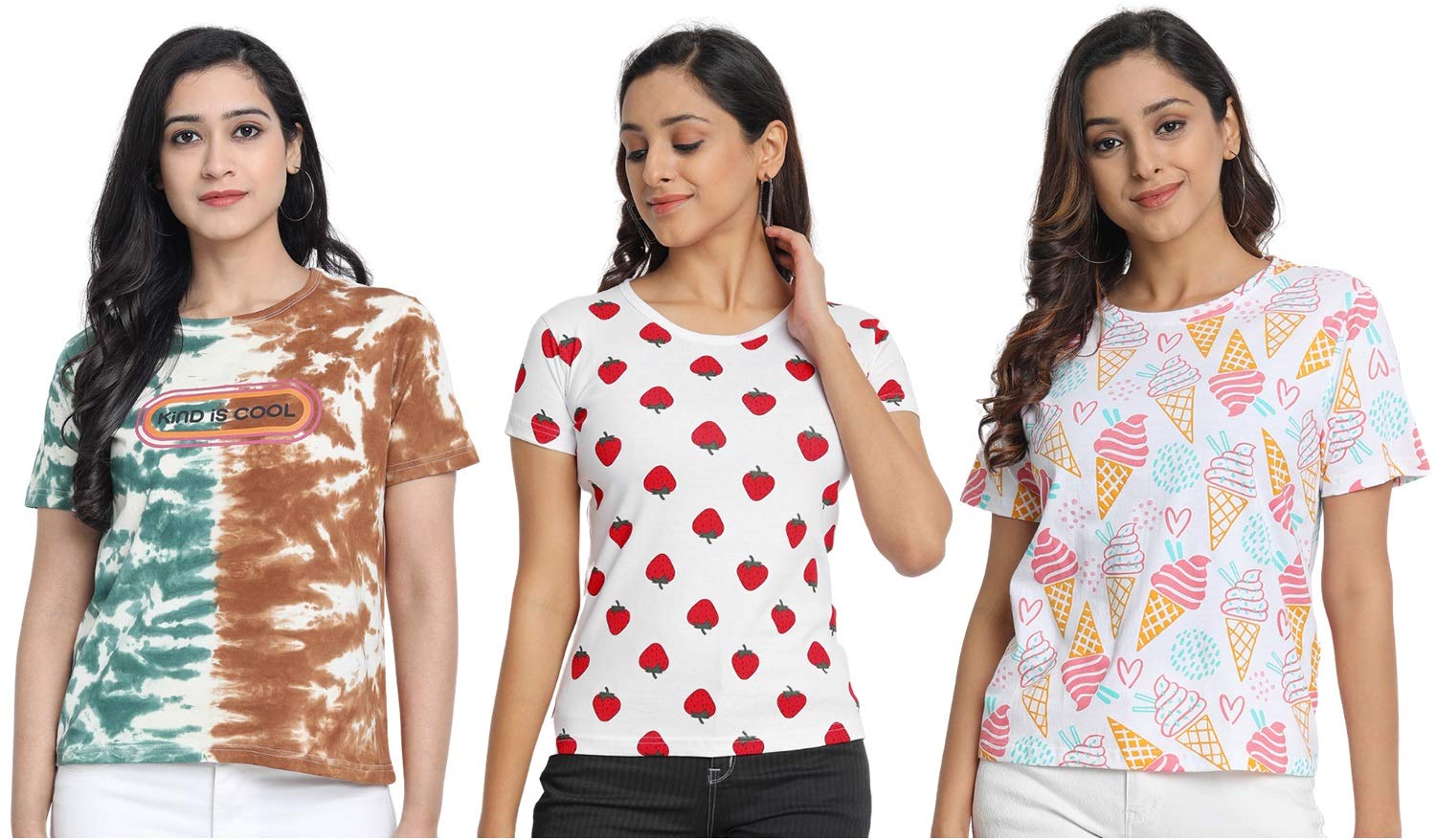 Women's Cotton PrintedT-Shirt (Starwred, S)-Pack of 3