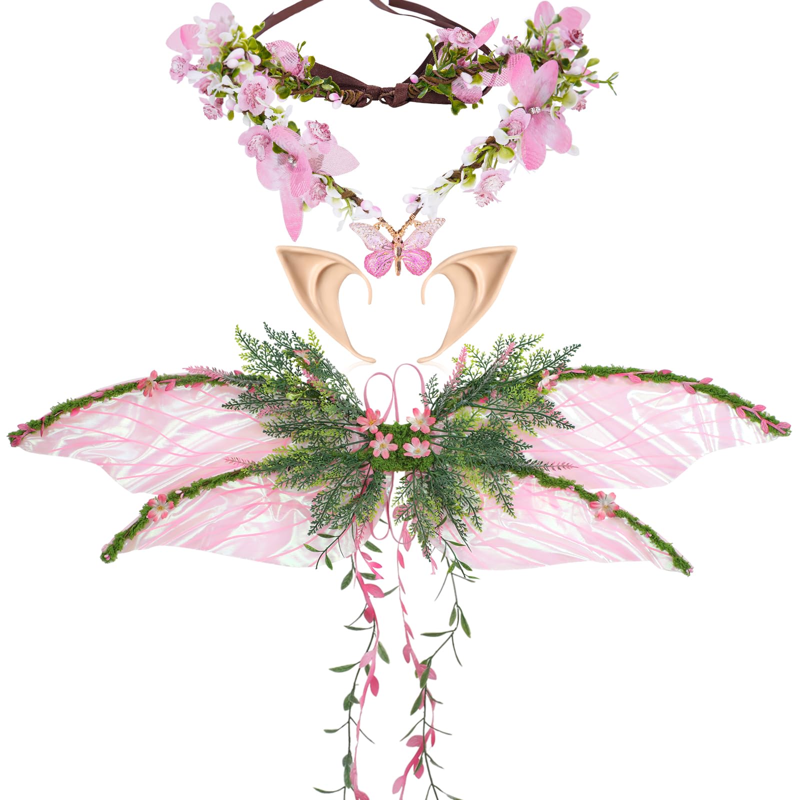 PartyforU Pink Fairy Wings 3 Pcs Fairy Costumes Set for Adults Butterfly Wings Flower Crown Elf Ears Fancy Dress for Carnival Renfaire Cosplay Costume Accessories