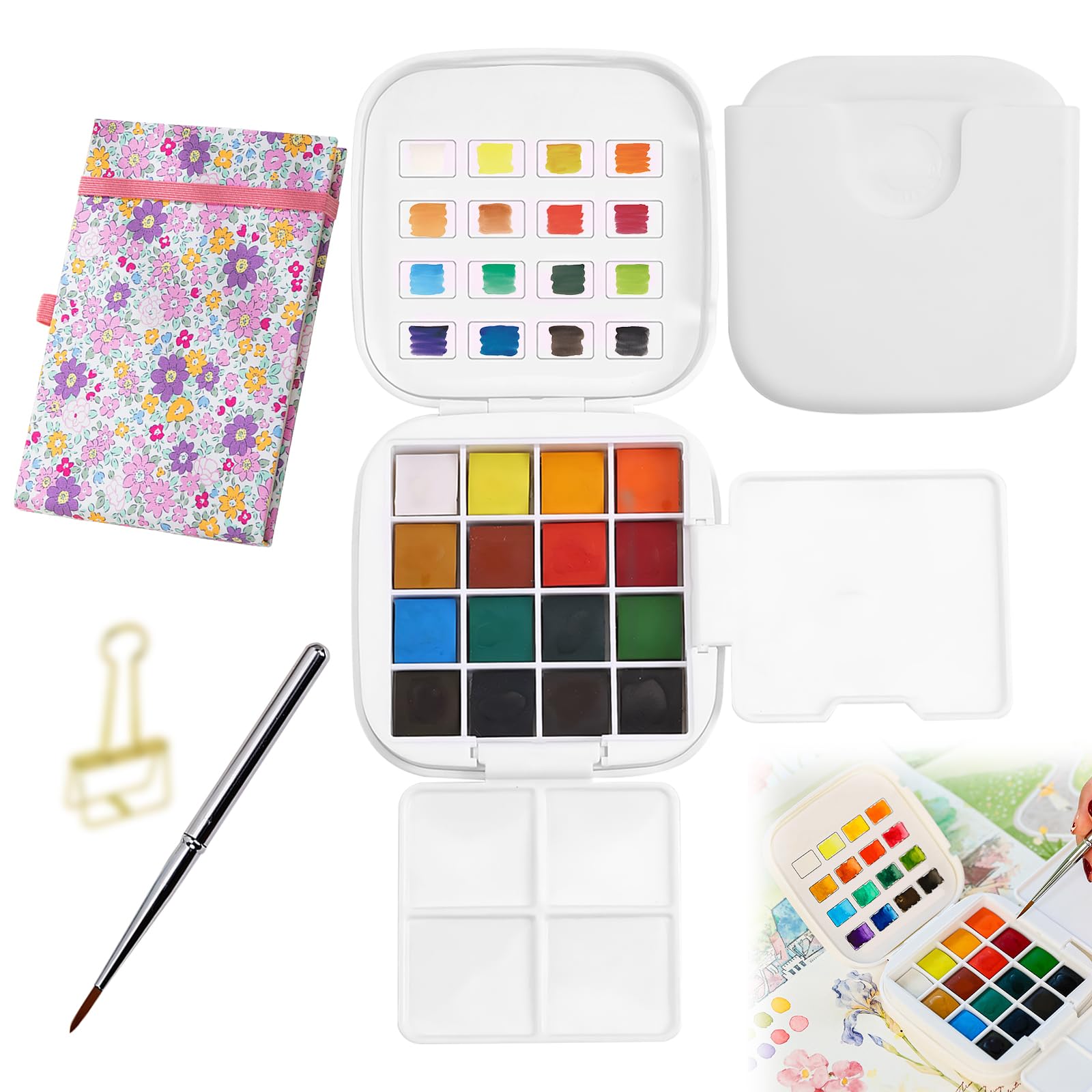 Meunhy Mini Watercolour Paint Set Travel,16 Grids Travel Watercolour Set,16 Color Pocket Artist Palette Kit,Pocket-Sized Palette,Washing Box,Gift for Painters, Artists,with Sketchbook & Water Pen