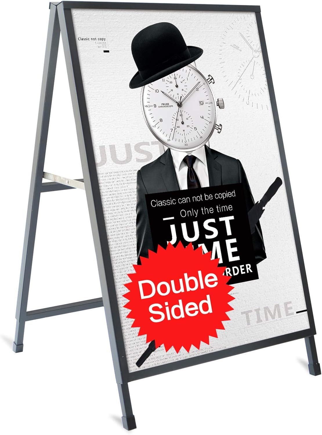 Outdoor A-Frame Sidewalk Sign 24x36 Inch Sandwich Board, Black Coated Steel Metal Double-Sided, Heavy Duty Slide-in Folding Frame Sign Holder, 2 Corrugated Plastic Poster Boards, Display Stand