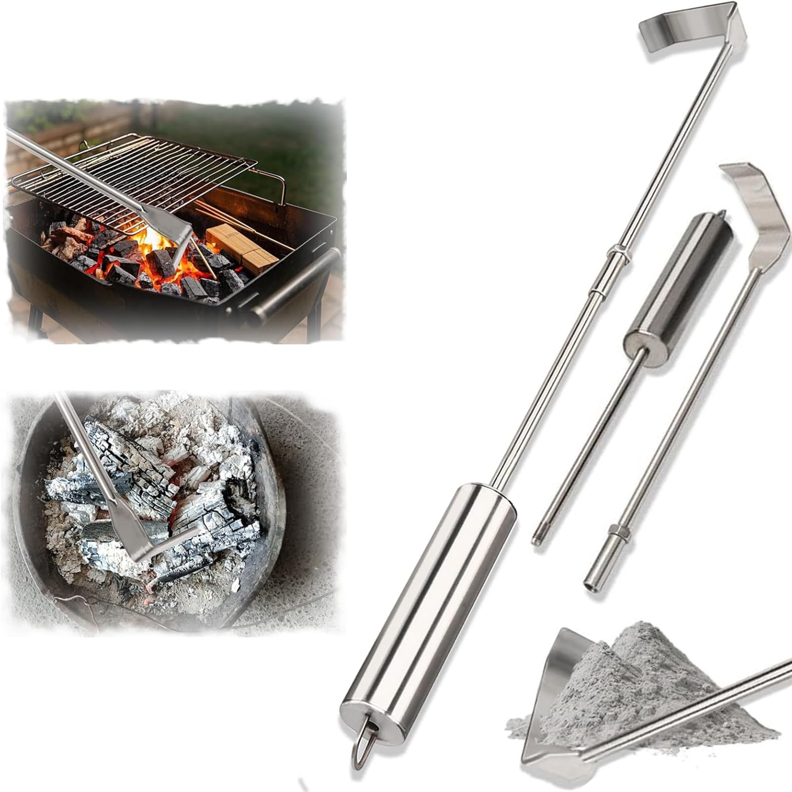 BBQ Ash Tool Poker, 32 Inches Stainless Steel Ash Removal Tool, BBQ Charcoal Rake, Coal Rake Grill Ash Scraper, Ideal for Charcoal Grills, Wood Burning Stoves and Pizza Ovens