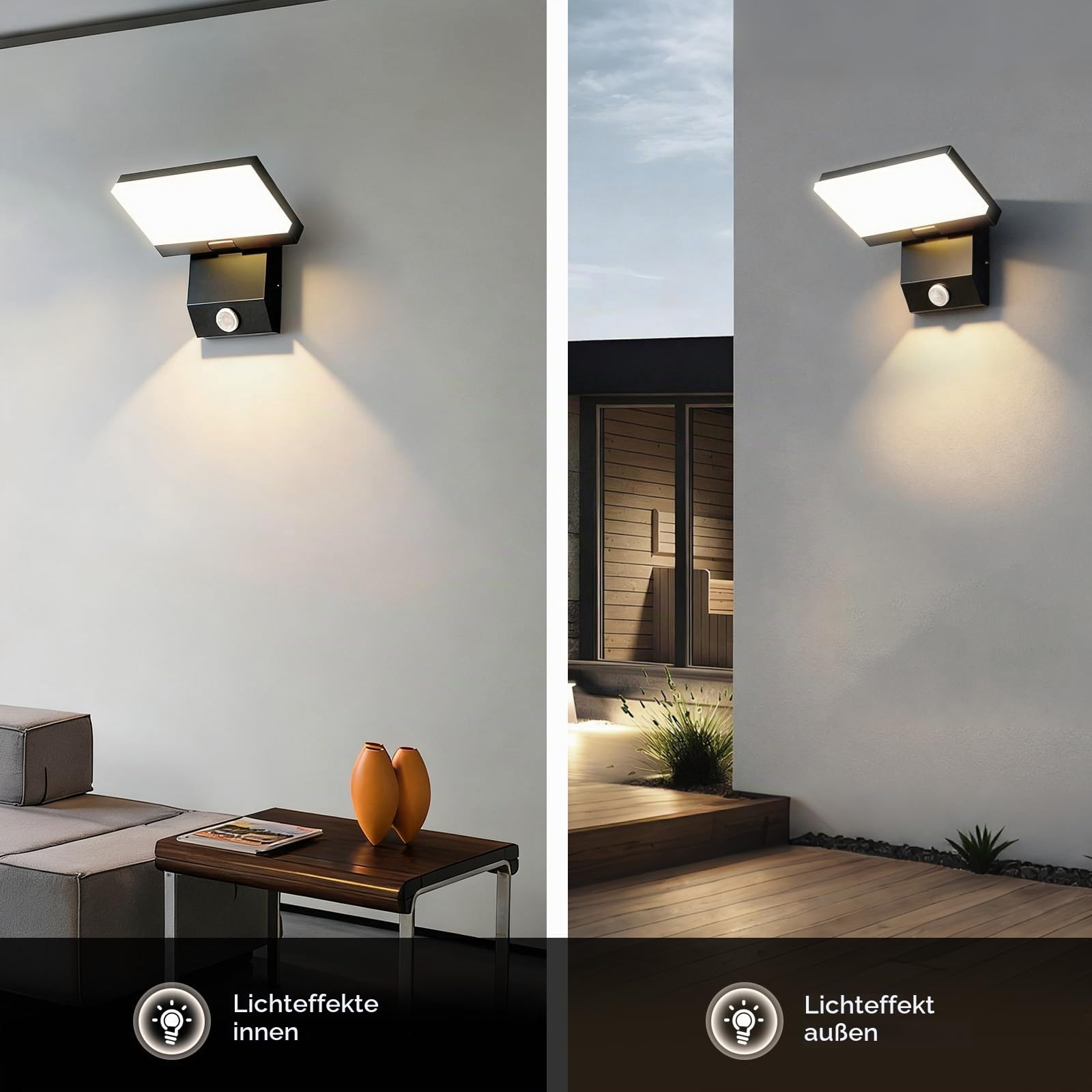 36W LED Wandleuchte Außen/Innen Modern Wandlampe 3000K Warmweiß | mit Bewegungsmelder IP65 Wasserdicht Schwenkbares LED Panel Außenwandleuchte für Terrasse Eingang Garten und Balkon, 2pcs