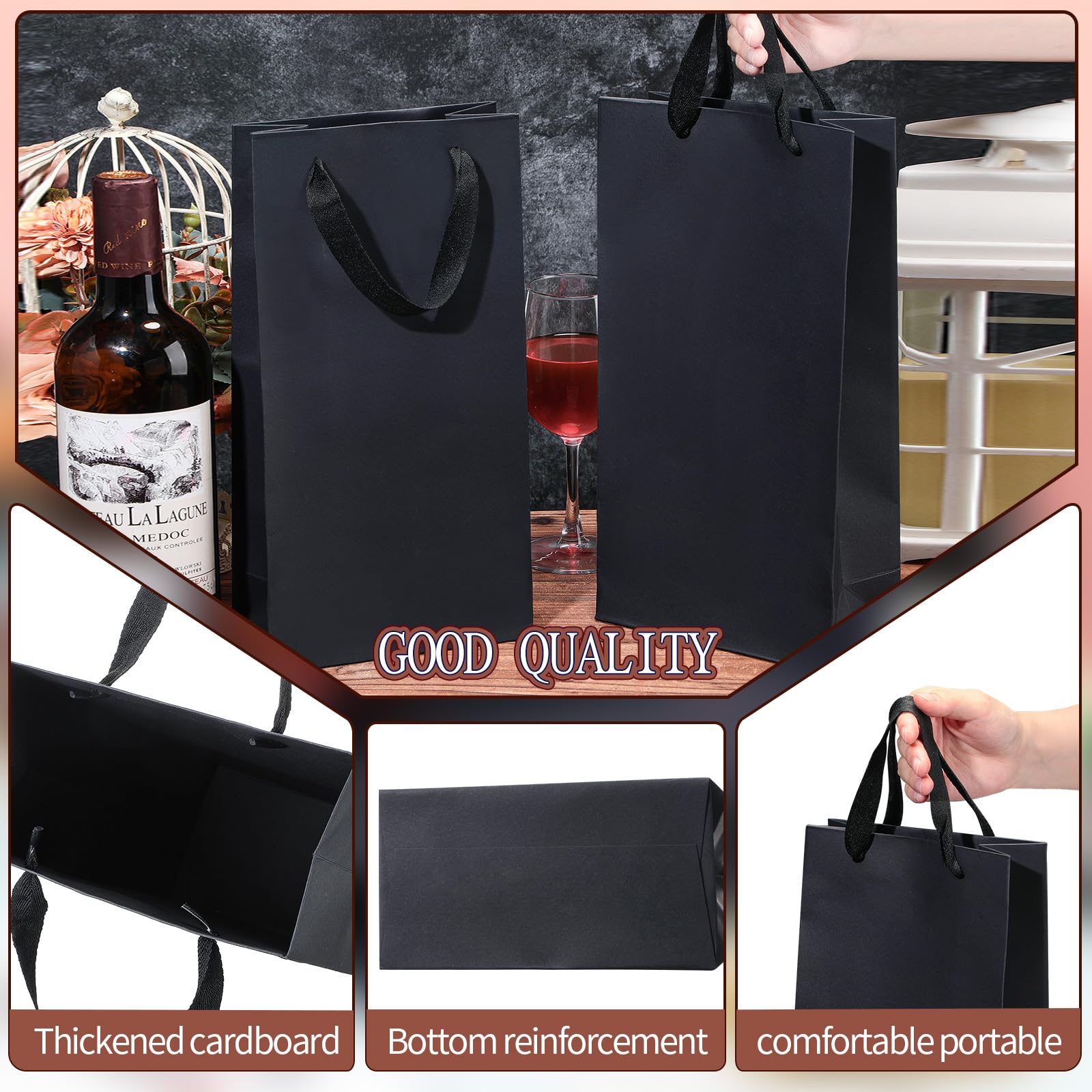 Kolldenn 24-Pack Black Wine Gift Bags With Handles - Reusable Liquor Bottle Bags
