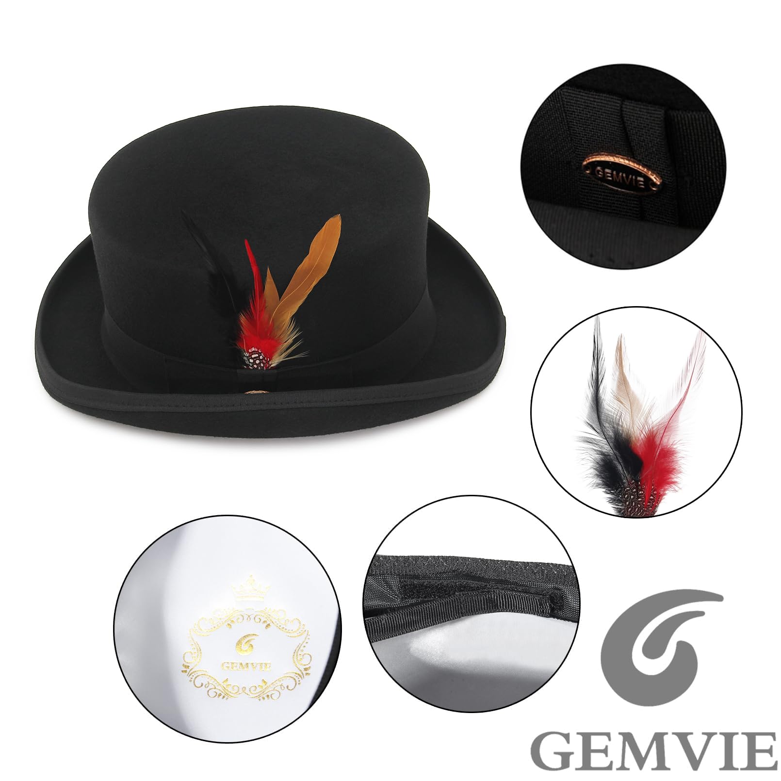 GEMVIE Herren-Zylinder aus 100% Wolle, Satin-gefüttert, schwarz, niedrig