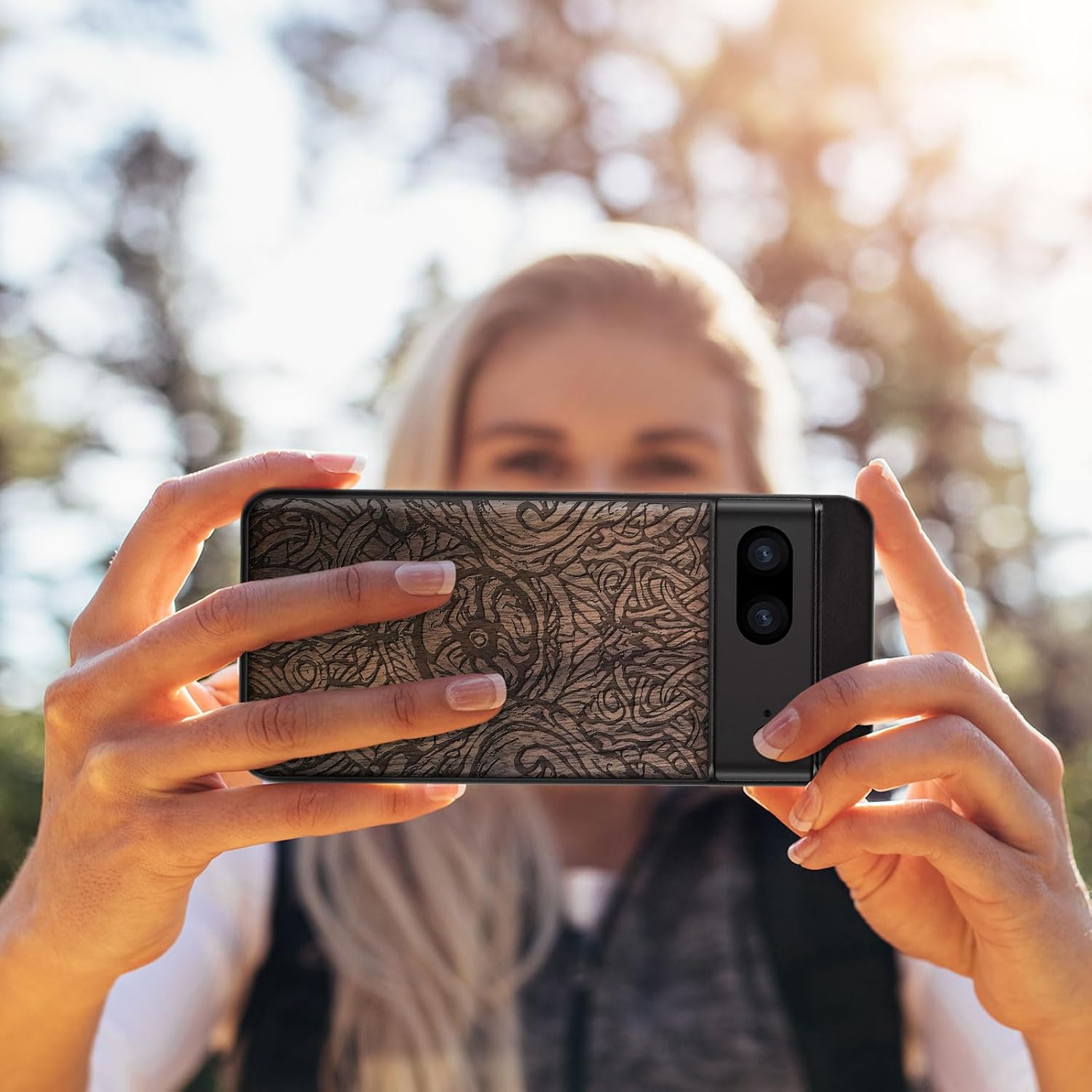 Carveit Wood Case for Pixel 7 Case [Natural Wood & Black Soft TPU] Shockproof Protective Unique Wooden Cover Compatible with Google Pixel 7 (Futhark Letters-Walnut)