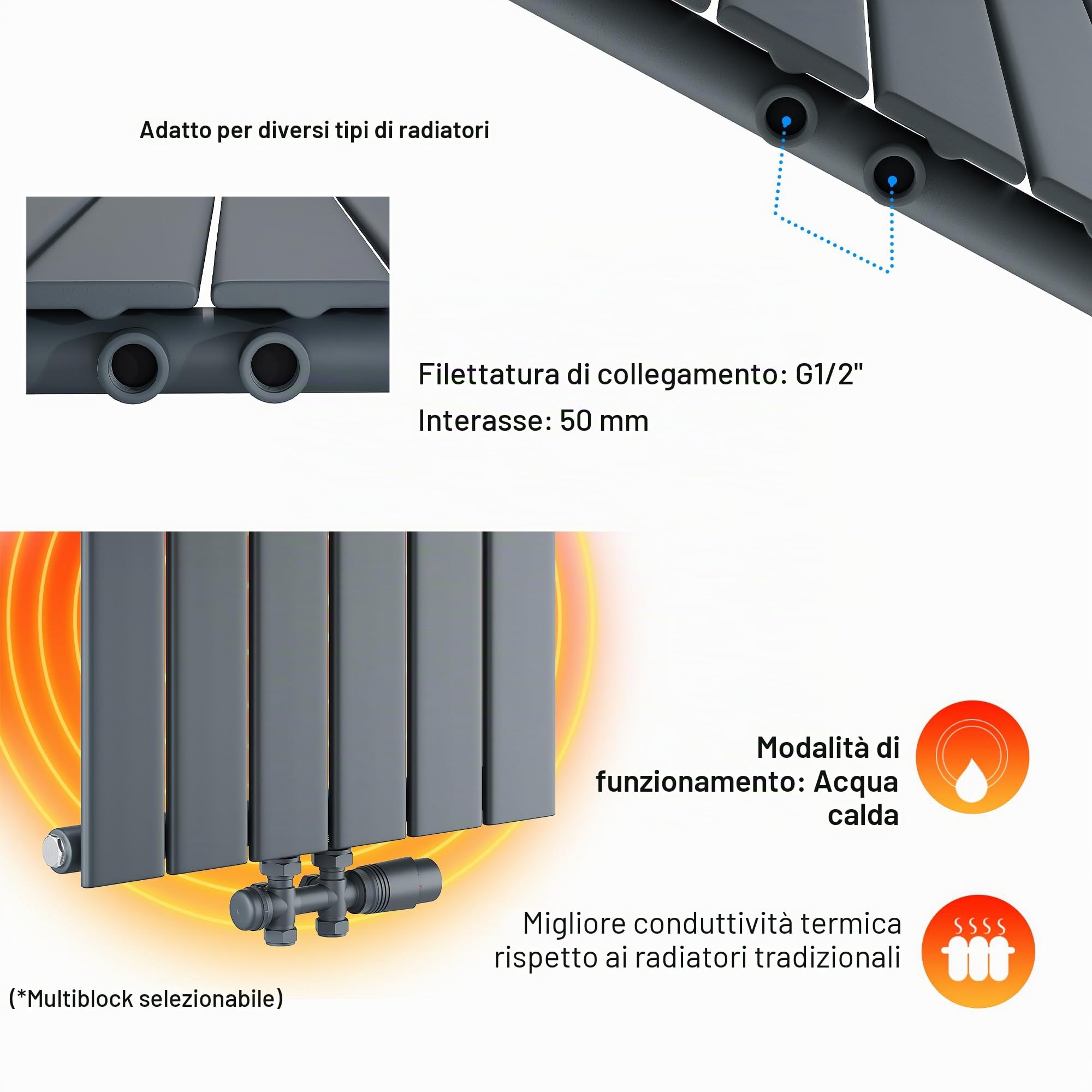SONNI Riscaldatore di design 600 x 465 mm, Antracite, piatto a strato singolo per bagno - pannello verticale con connettore