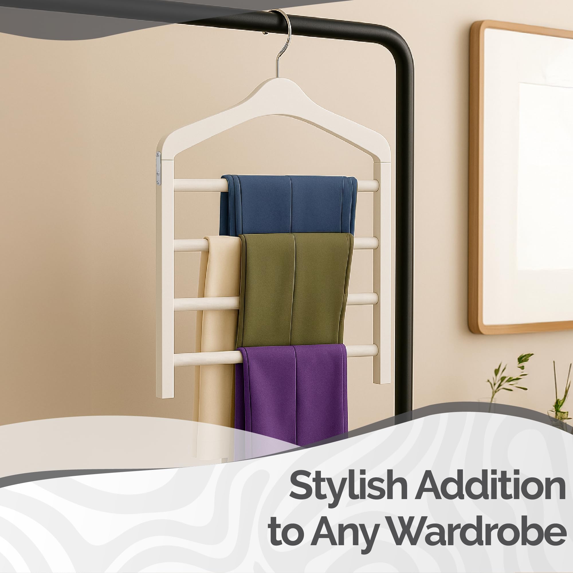 Hangerworld Paquete de 3 perchas de madera blanca para pantalones, organizador multifuncional de almacenamiento de ropa de 4 niveles con barras antideslizantes