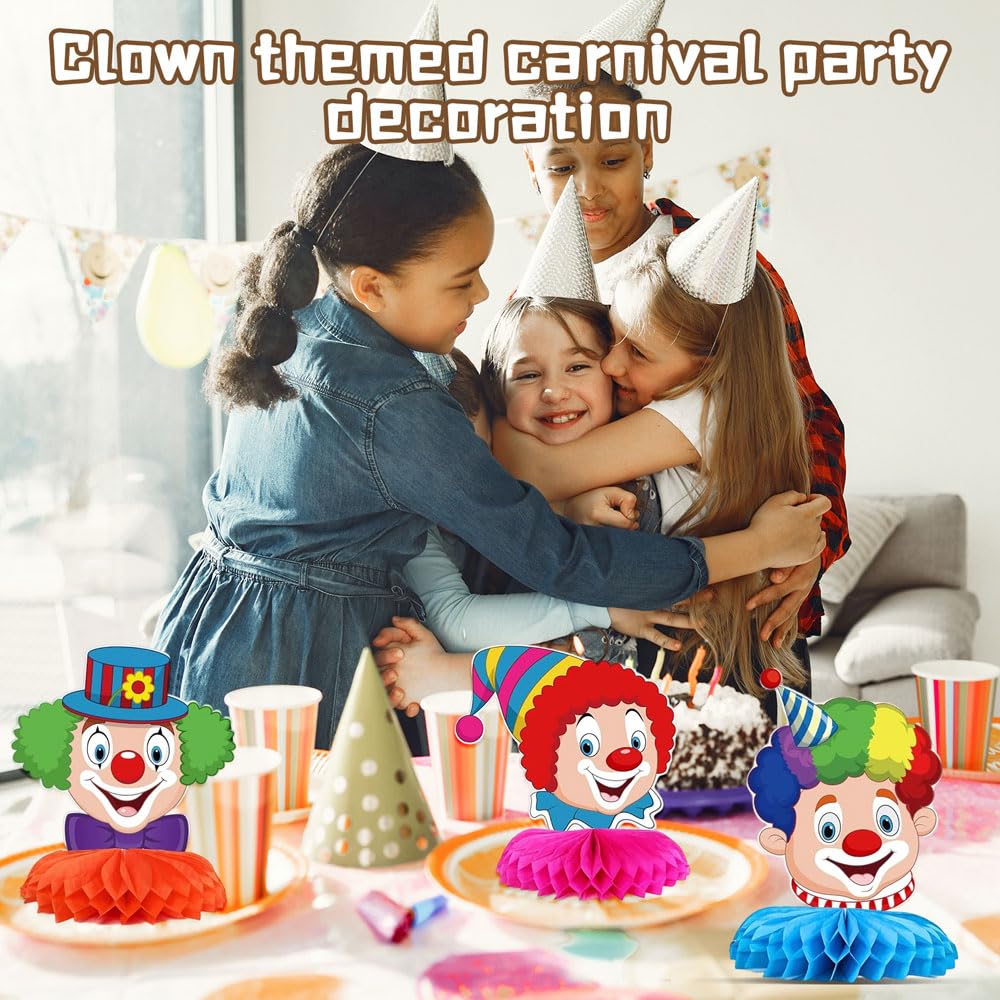 Décoration de Carnaval de Clown, 9 Pièces Décorations de Table Clown, Décoration de Table en Nid D'abeille 3D, Décoration Clownesque Alvéolaire Cirque Animal, pour Carnaval, Anniversaire (6Pcs)
