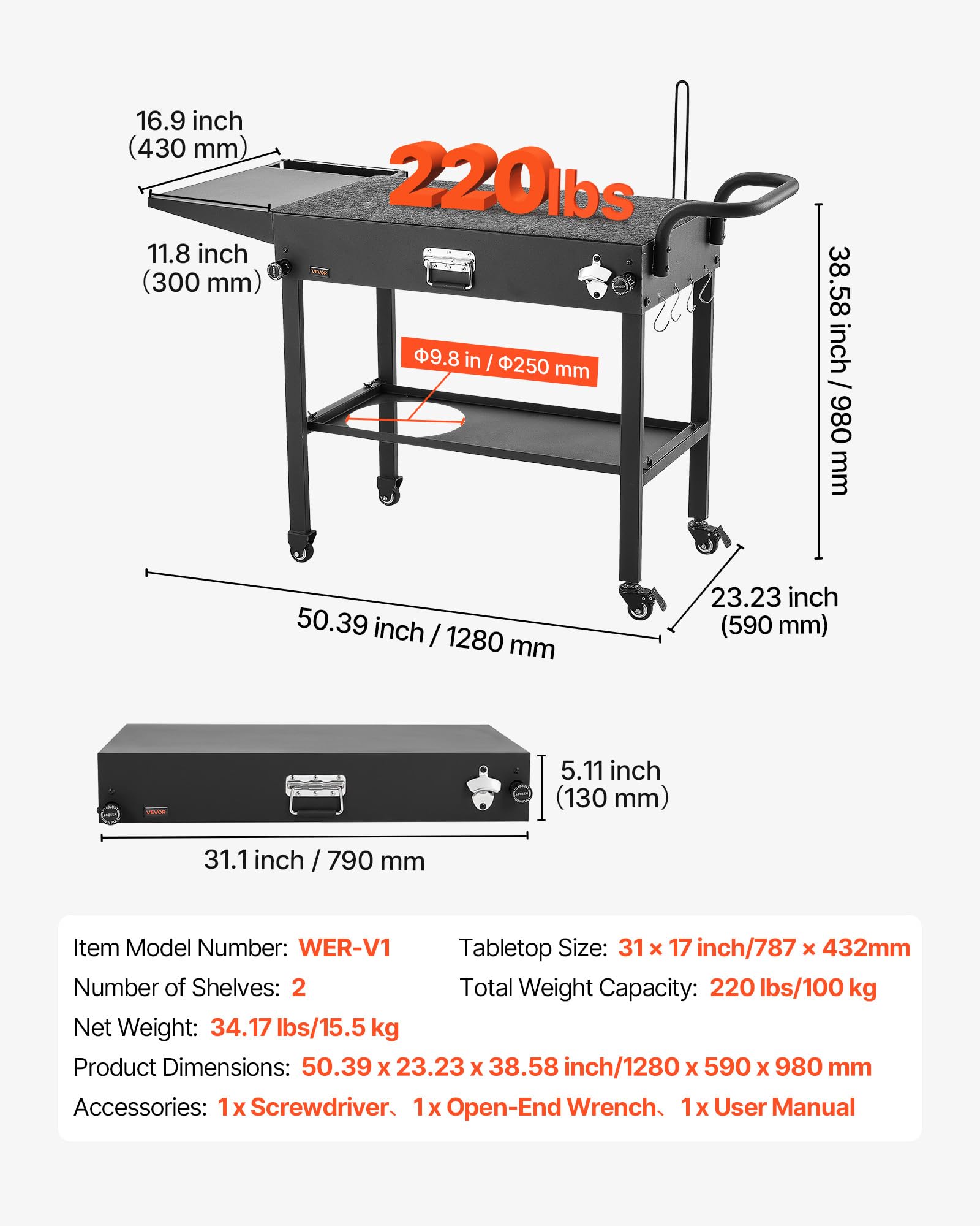 VEVOR Desserte de Jardin pour Plancha Pliable, Chariot de Barbecue Plan de Travail 78,7x43,2 cm, pour Préparation de Cuisine BBQ Extérieur, avec Porte-essuie-Tout, Crochets et Tablette Latérale