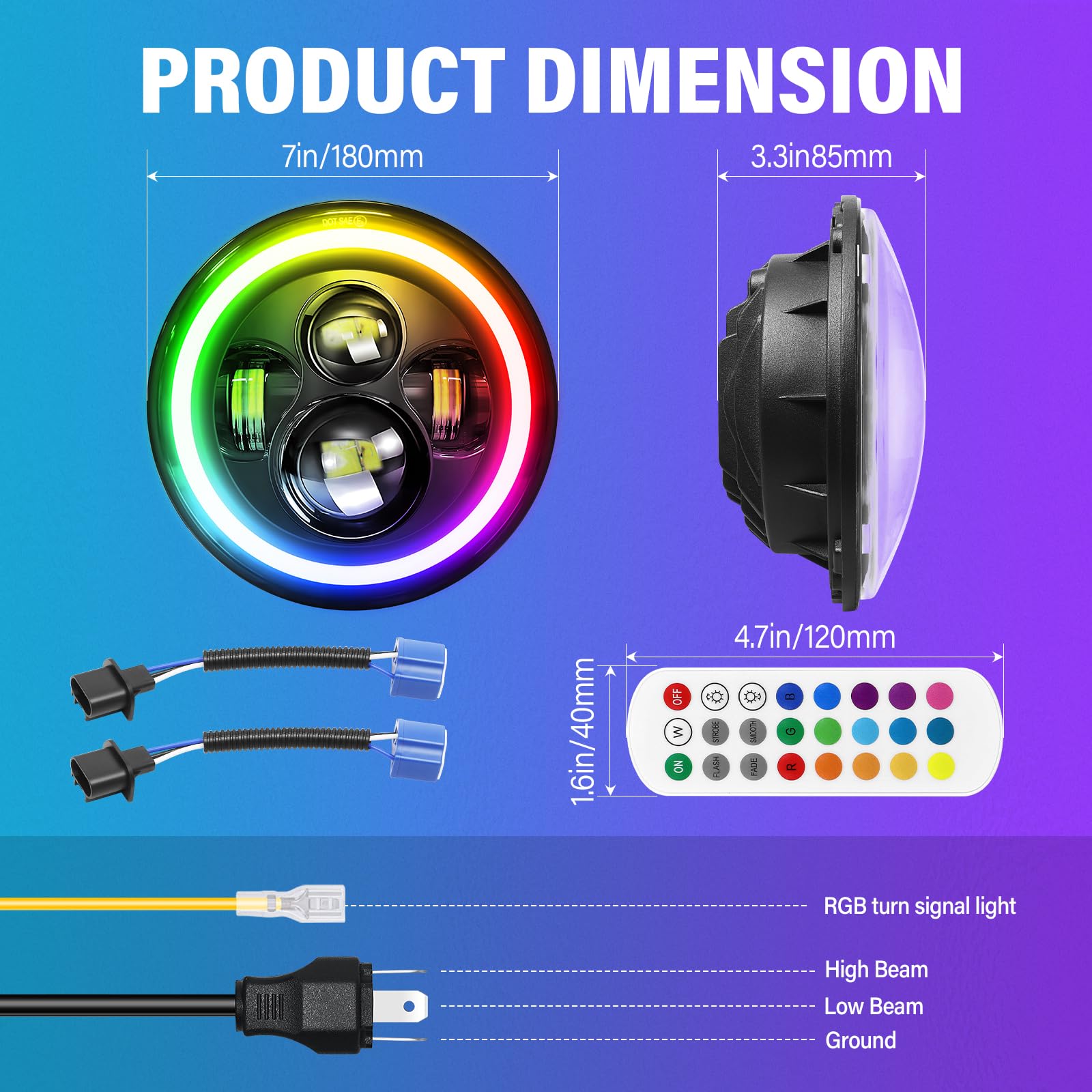 RIGIDON 2x 7 Pollici 50W Fari Led, 5000 LM Faro a Led Bianco + RGB 4 Modalità Di Illuminazione, Rotonde Luci Fuoristrada Hi/Lo Fascio DRL Anteriore Faro Lampada per Wrangler JK TJ LJ CJ Hummer