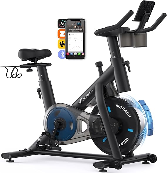 MERACH Exercise Bike, Brake Pad/Magnetic Stationary Bike with Exclusive App, Low Noise Indoor Cycling Bike with 300lbs Weight Capacity, Dumbbell Rack and Free Fitness Courses