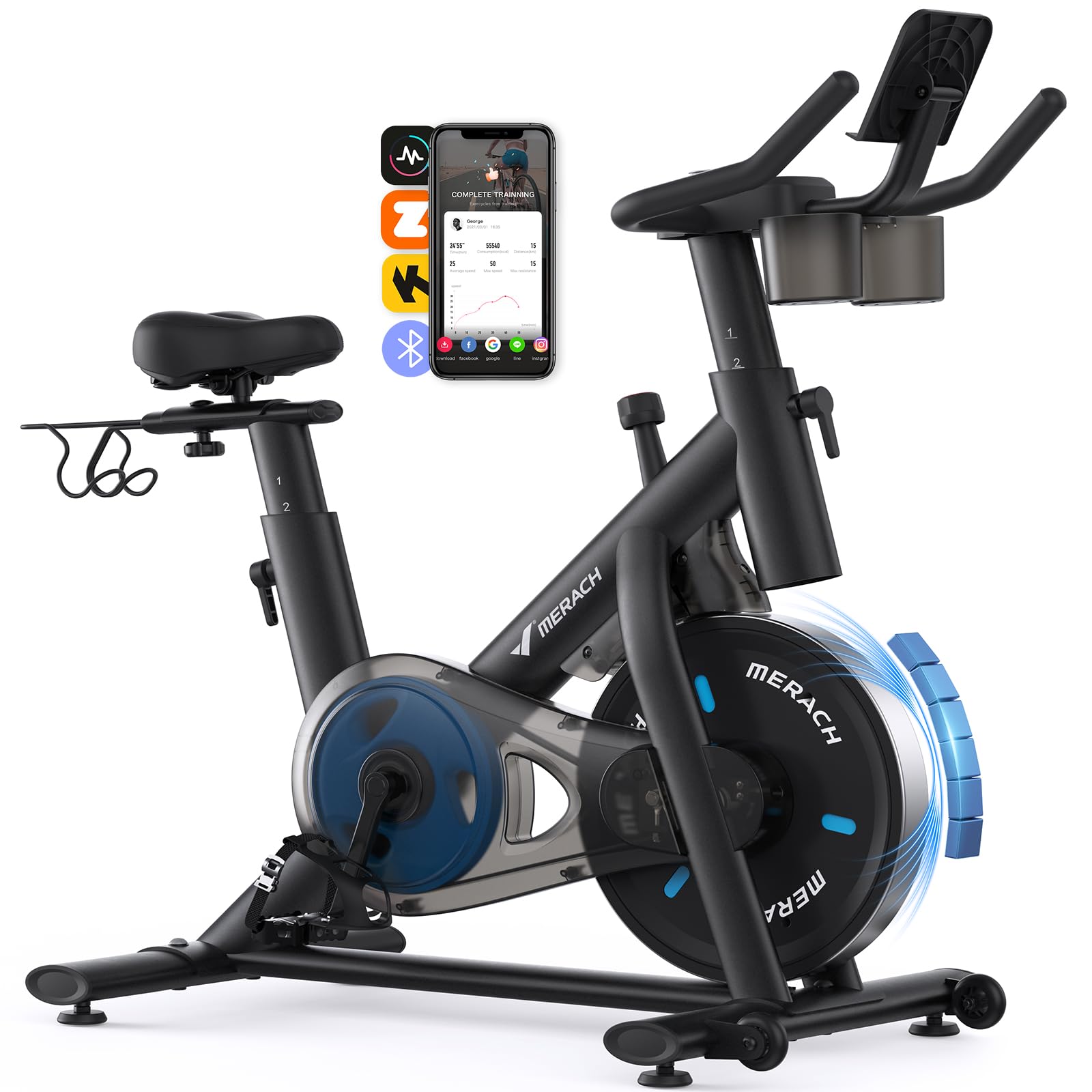 MERACH Exercise Bike, Brake Pad/Magnetic Stationary Bike with Exclusive App, Low Noise Indoor Cycling Bike with 300lbs Weight Capacity, Dumbbell Rack and Free Fitness Courses