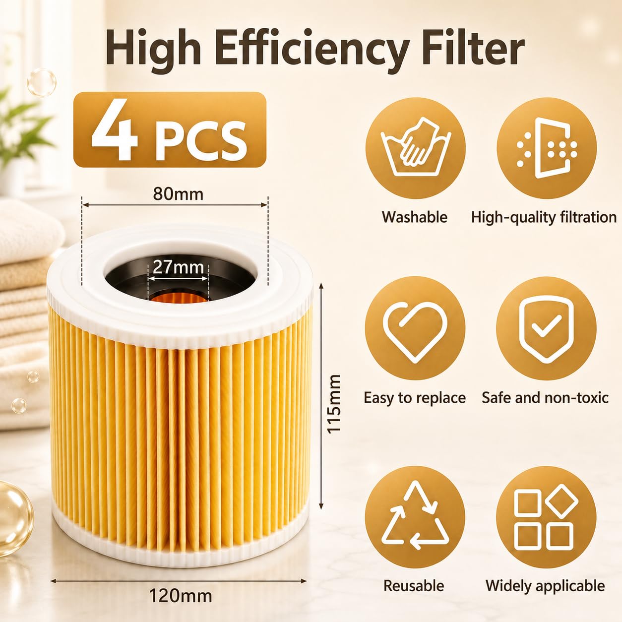 filtrów kasetowych 4 sztuk, filtry do odkurzaczy Kärcher WD3. Kompatybilne z odkurzaczami Kärcher WD3, WD2, WD1, MV3, MV2, A, K, KNT, NT, SE, VC. Zamiennik nr 6.414-552.0. W zestawie 2 śruby mocujące