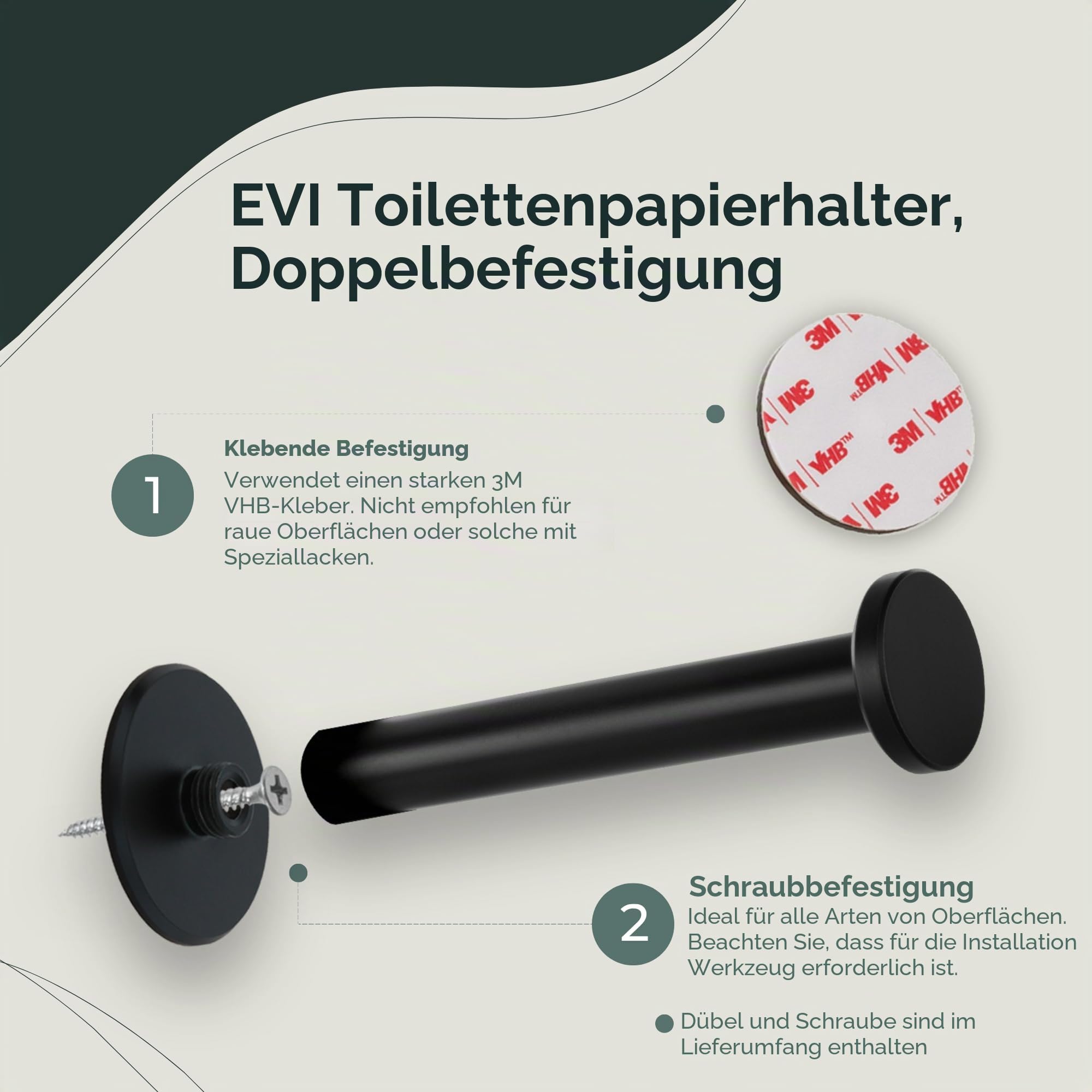 EVI Herrajes Toilettenpapierhalter, schwarz, selbstklebend oder schraubbar, Edelstahl schwarz lackiert, Modell 050PR1DUALNG