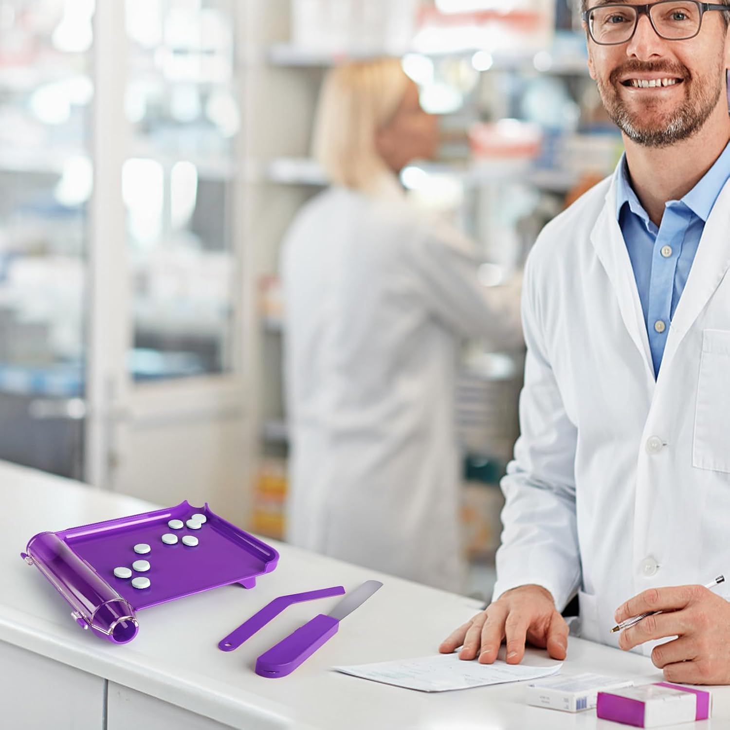 Opret Right Hand Pill Counting Tray with 2 Spatulas, Pill Counter with A Straight Spatula & A L-Spatula for Pharmacy to Count Meds Pills Tablets, Purple