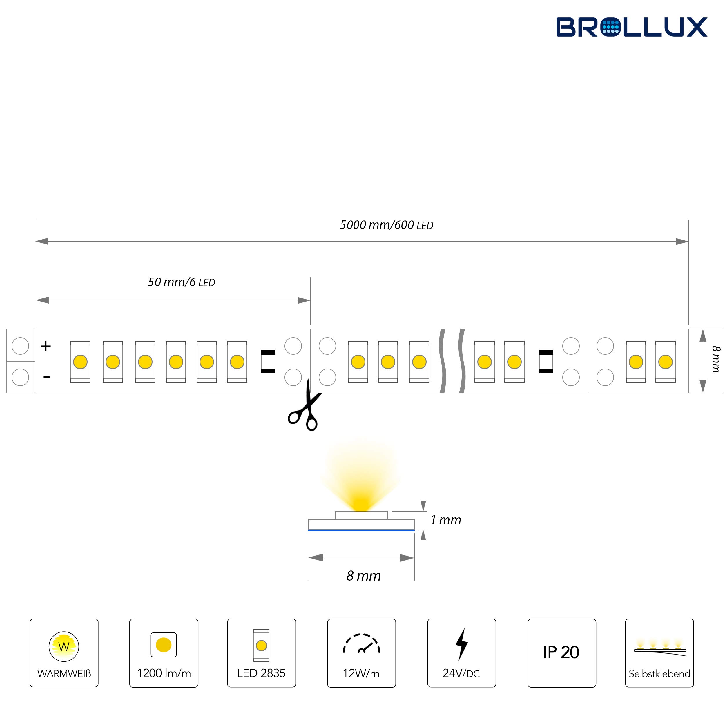 Brollux - Striscia LED professionale, 6000 lumen, luce bianca calda, 24 V, 600 LED, 5 m nastri LED, autoadesivi, chiari - mit Netzteil