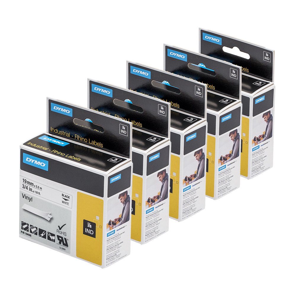 Dymo 18445 Rhino - Etiquetas industriales de vinilo, autoadhesivas, rollo de 19 mm x 5,5 m, impresión en negro sobre blanco + bolígrafo PaperMate