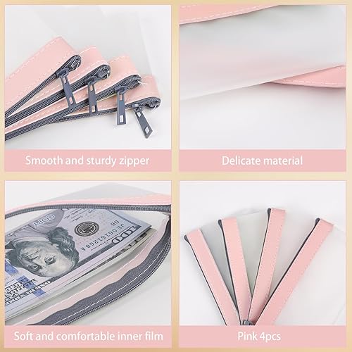 Miniatura 4 de VOCHIC 4 bolsas de almacenamiento con cremallera, bolsa de dinero de TPU rosa, bolsas de depósito bancario transparentes, bolsa de efectivo