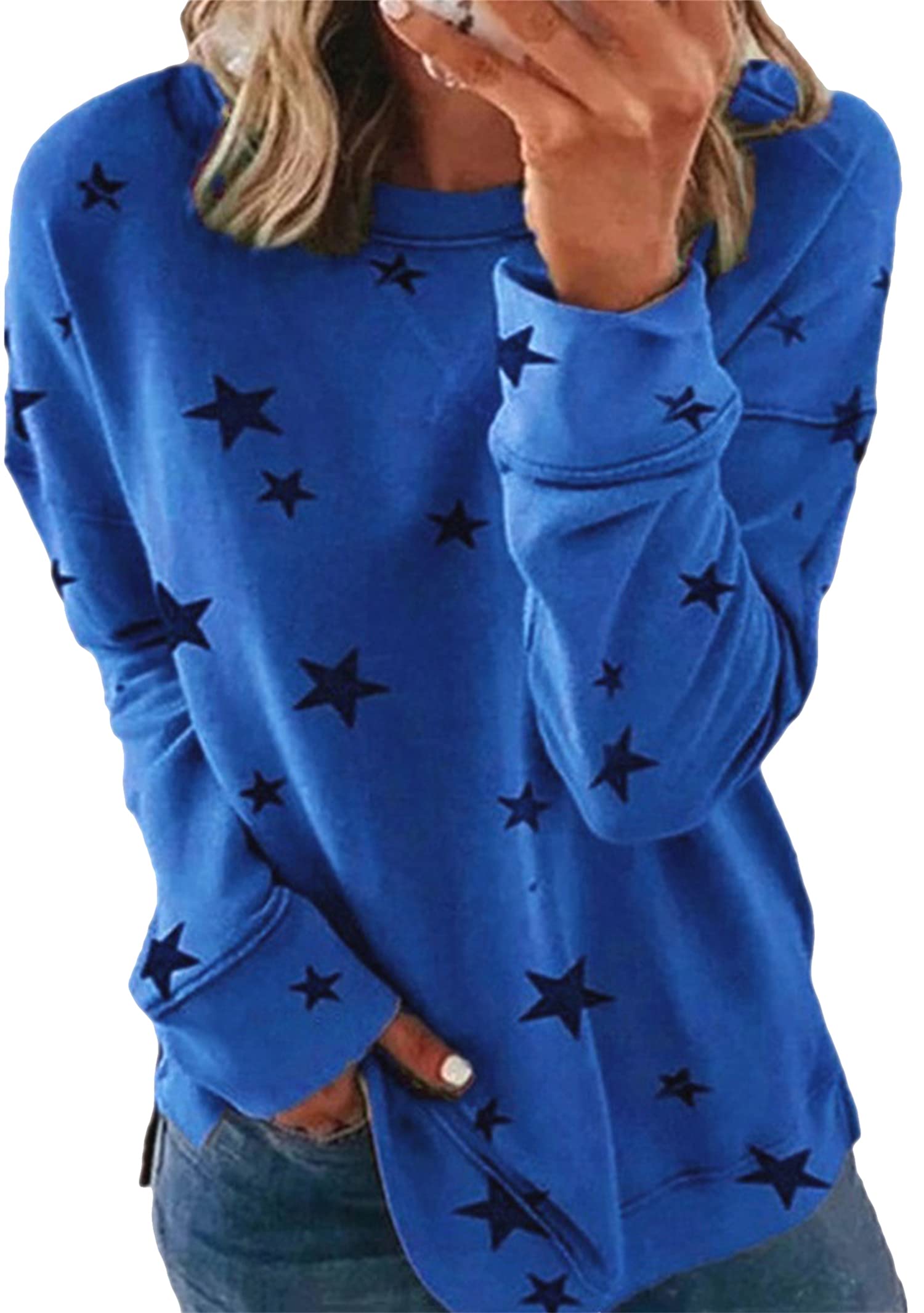 YMING Womens Plus Size Crewneck Star Print Sweatshirt Casual Long Sleeve Side Split Pullover Tops