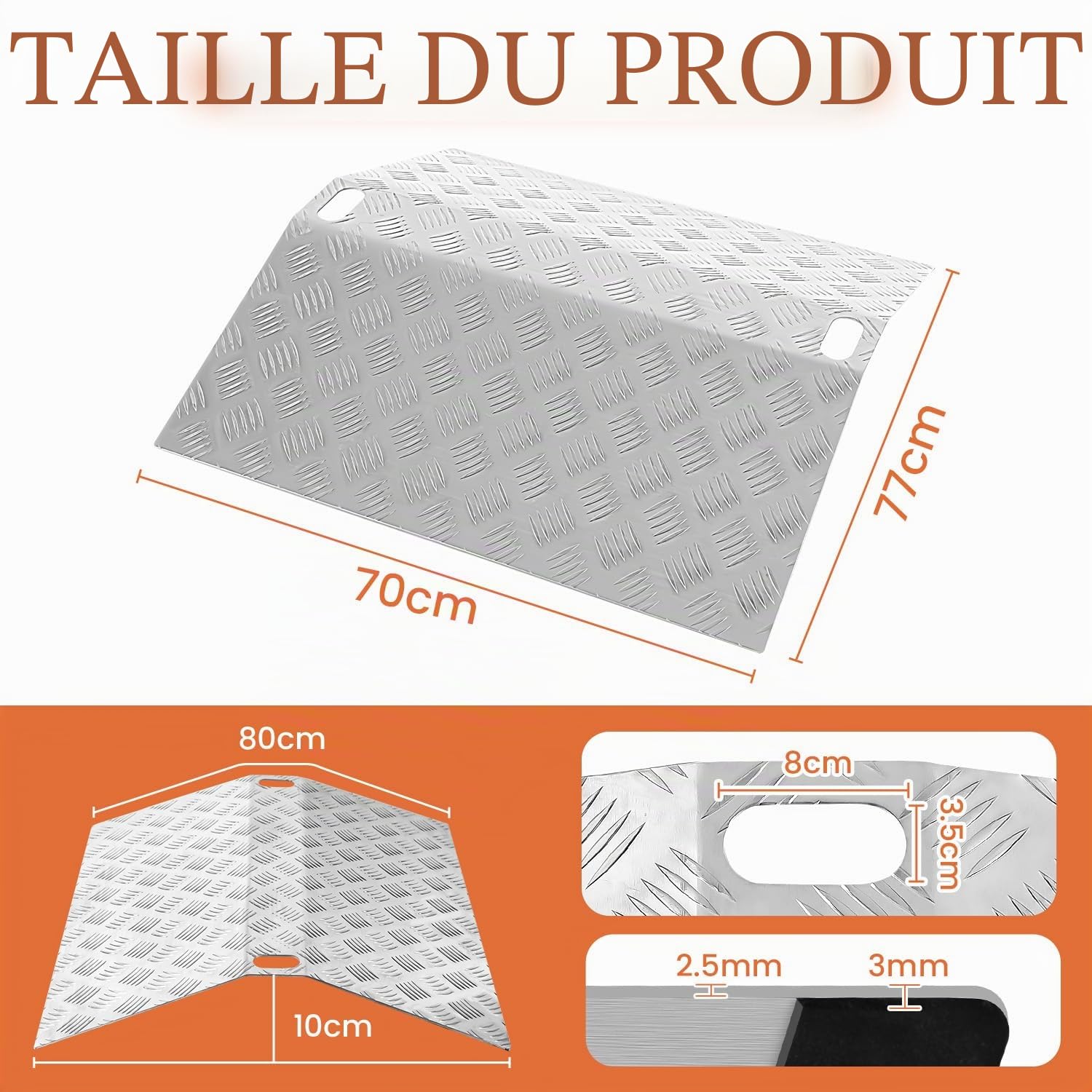 Rampe de seuil pour porte, Rampe de seuil pour fauteuil roulant, Pont de seuil antidérapant portable avec poignées, Rampe de pont, Rampe en aluminium pour fauteuil roulant, 80 x 70 x 10 cm