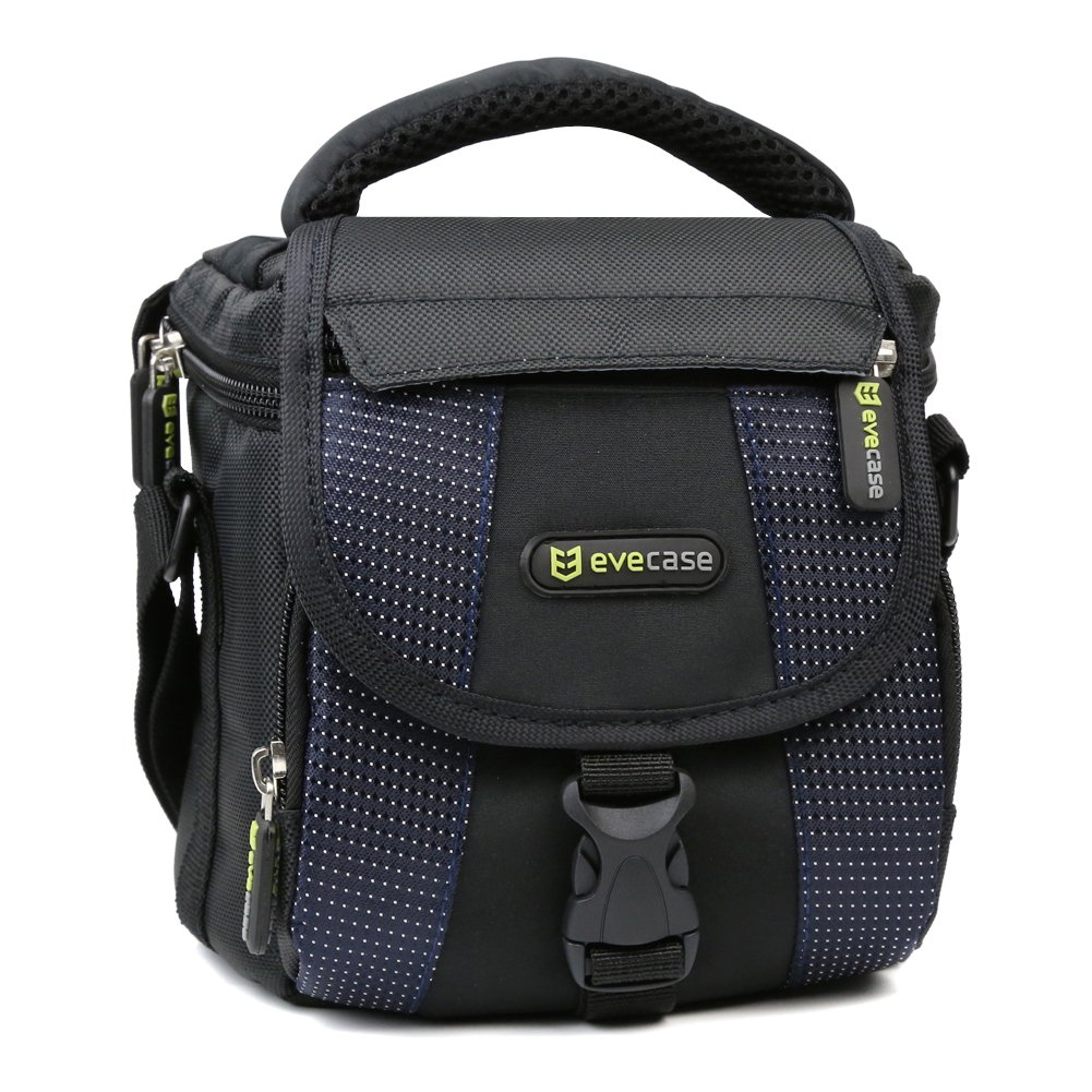 Evecase Camera Carrying Pouch Case Bag with Strap- Black/Blue for Canon SX500 is, G1 X, G12; Nikon COOLPIX J1, J2, L810, L120, P7700