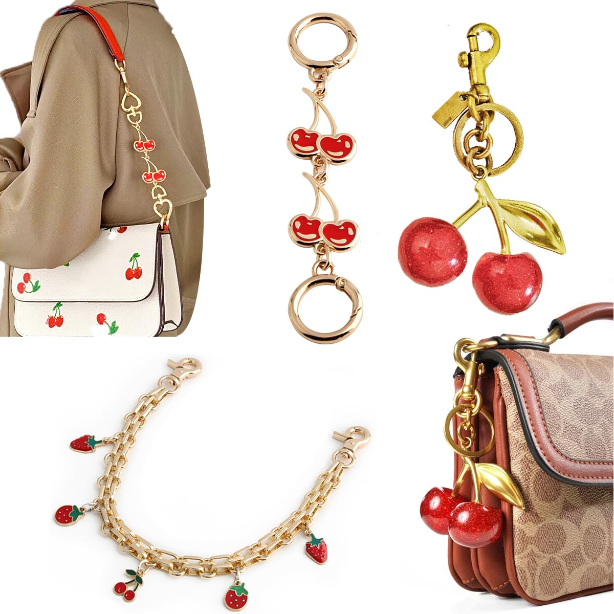 3 PCS Bag Extender Chain Gold Decorative Bag Chain Cherry Bag Charm Keychain Sets Purse Chains with Fruit Enamel Pendant Bag Charm Keychain Purse Handbags for Women Handbag Decoration Accessories